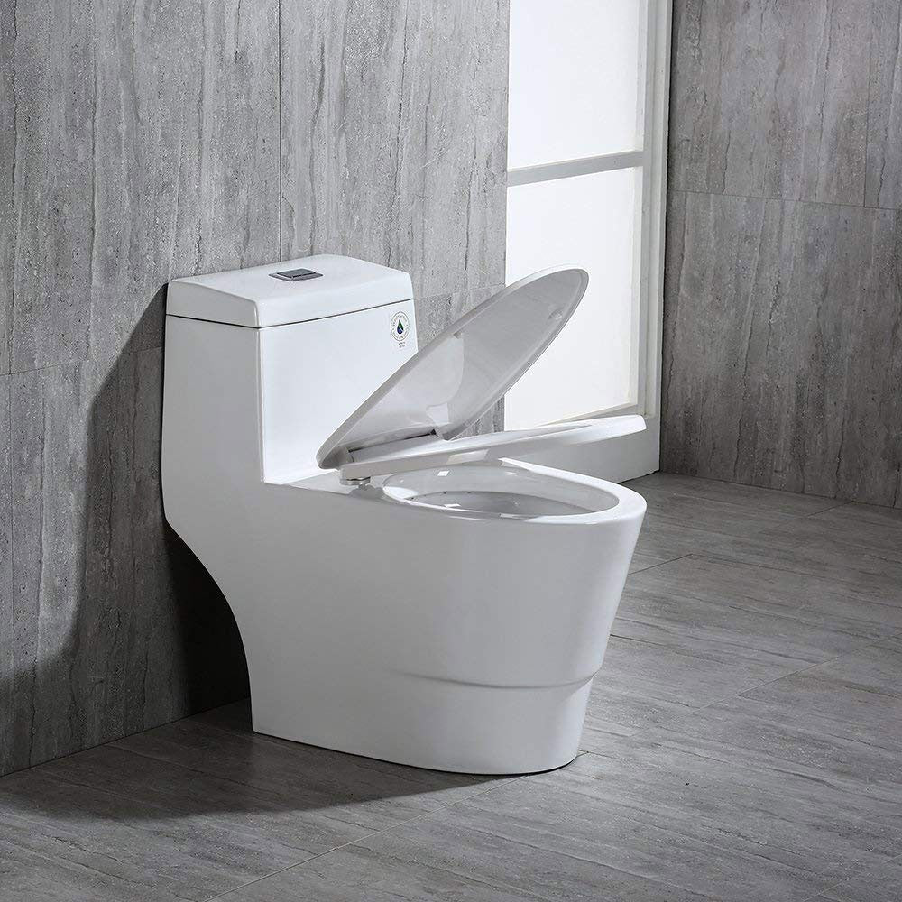 WOODBRIDGE T-0019, Dual Flush Elongated One Piece Toilet with Soft Closing Seat, Chair Height, Water Sense, High-Efficiency, T-0019 Rectangle Button