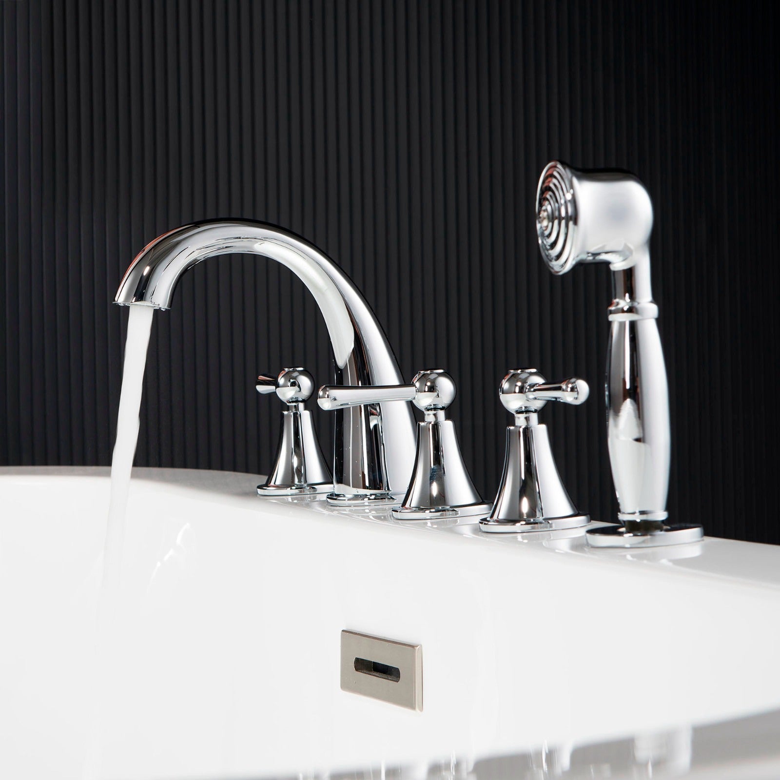 WOODBRIDGE Widespread Deck Mouted 5-Piece Roman Tub Filler with Hand Shower and Metal Lever Handle