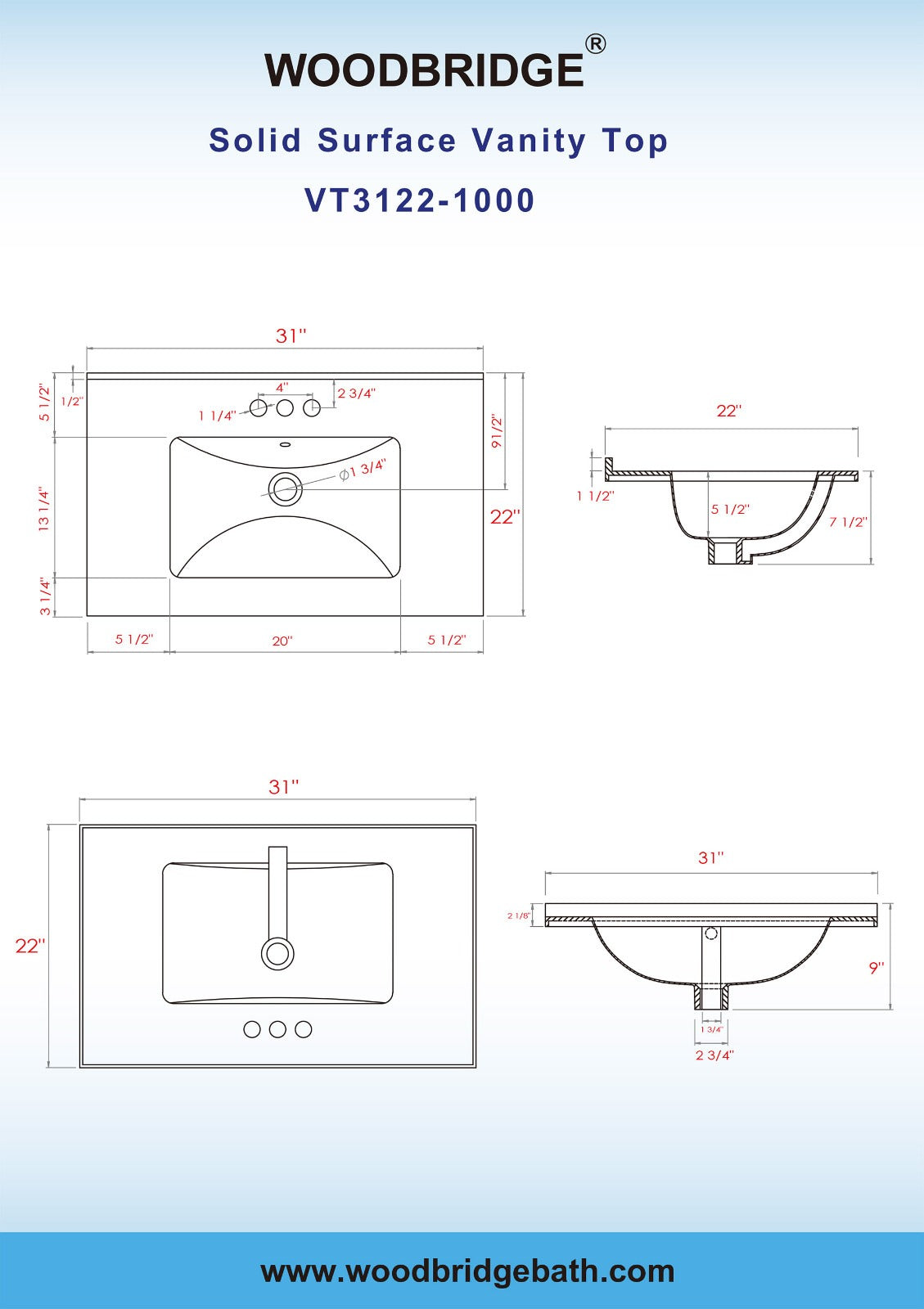 WOODBRIDGE VT3122-1000 Solid Surface Vanity Top with with Intergrated Sink, VT3122-1000