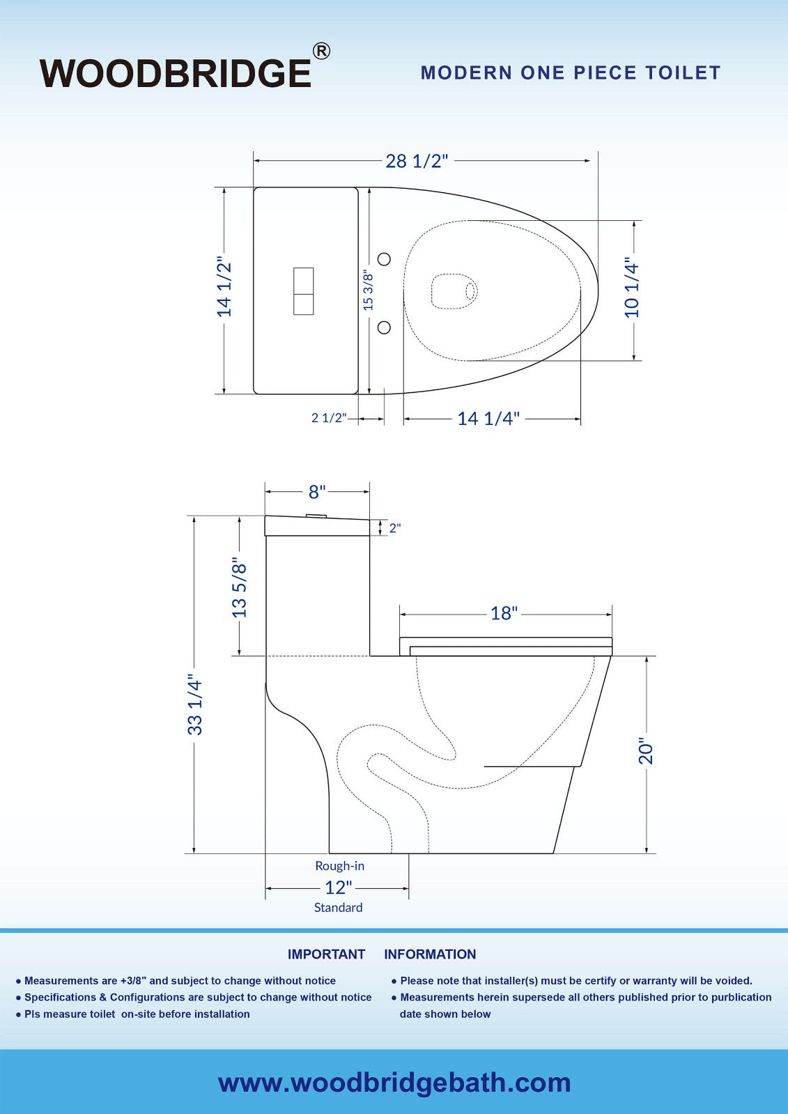 WOODBRIDGE One Piece Dual Flush 1.0/1.6 Gpf,with Soft Closing Seat, White, Elongated Toilet, B0910/T-0035, Convenient 20" Seating Height