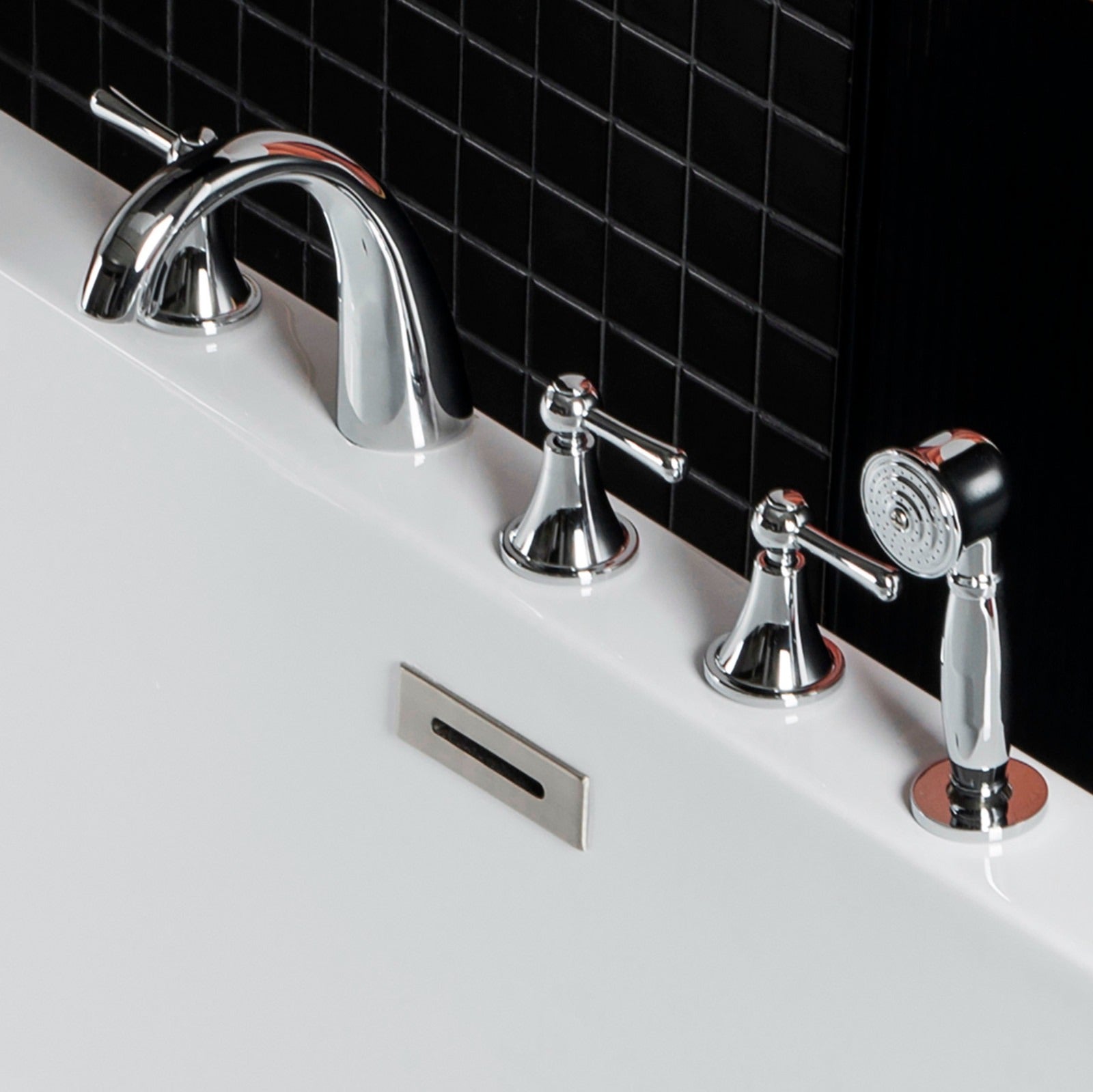 WOODBRIDGE Widespread Deck Mouted 5-Piece Roman Tub Filler with Hand Shower and Metal Lever Handle
