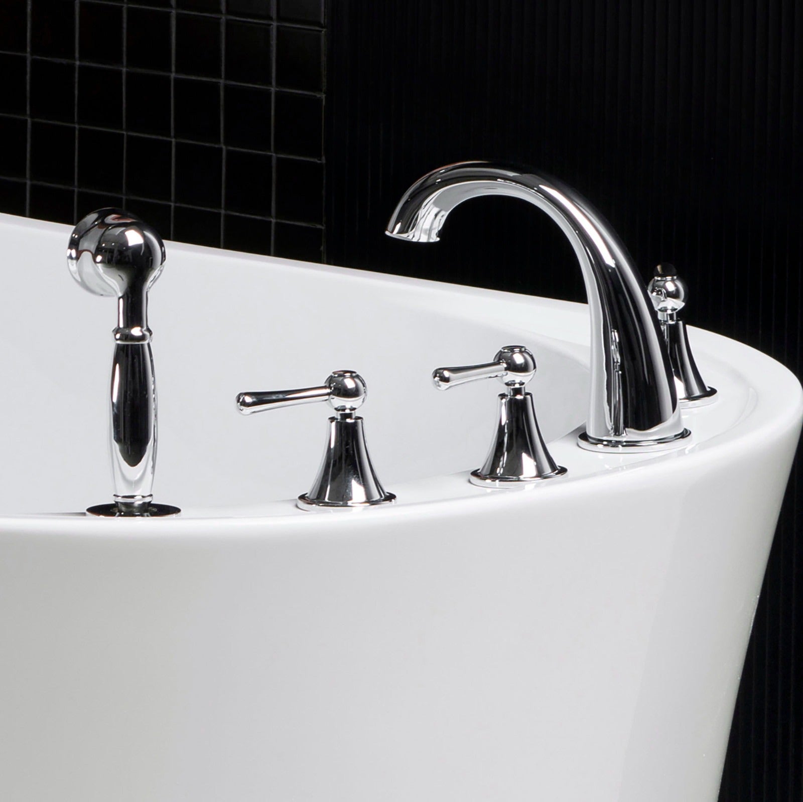 WOODBRIDGE Widespread Deck Mouted 5-Piece Roman Tub Filler with Hand Shower and Metal Lever Handle