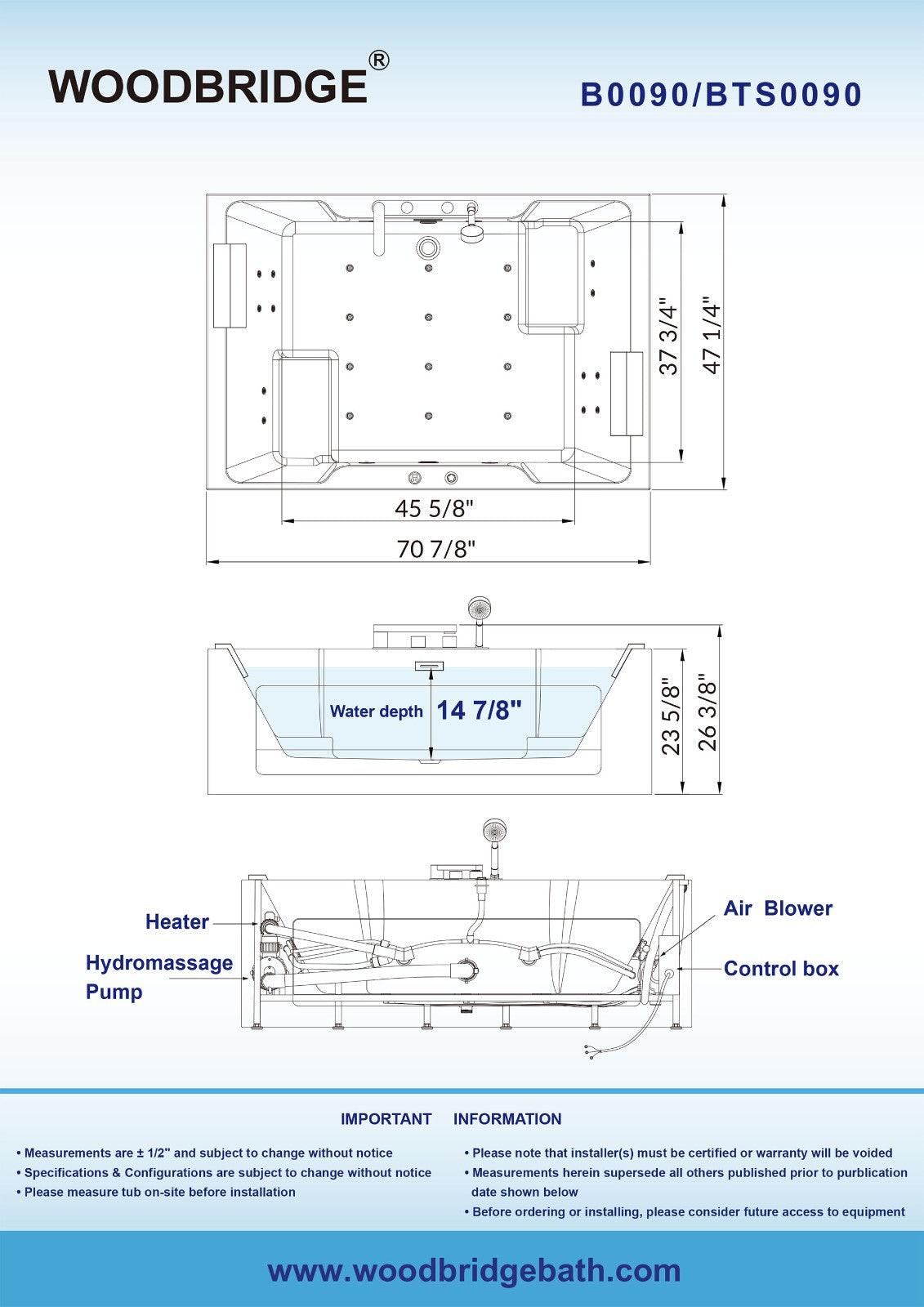 WOODBRIDGE 2 Person Freestanding Massage Hydrotherapy Bathtub