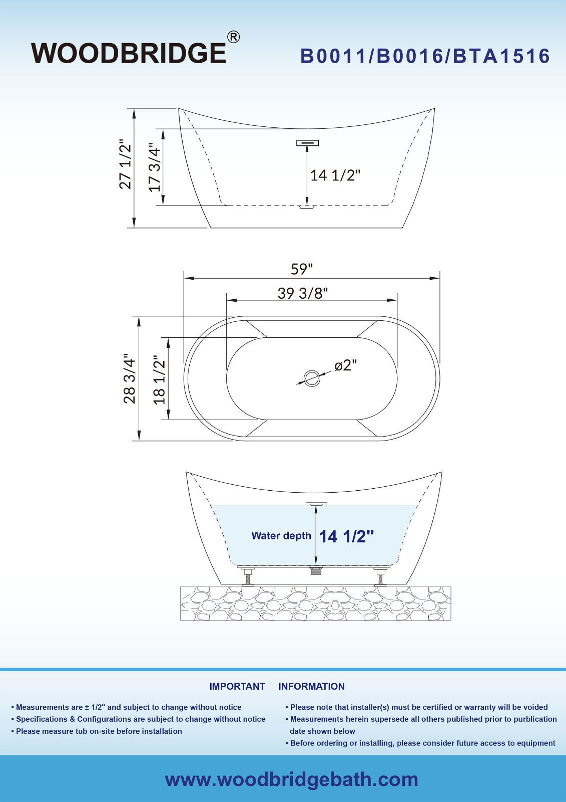 WOODBRIDGE B0016 59 Inch Acrylic Freestanding Soaking Bathtub