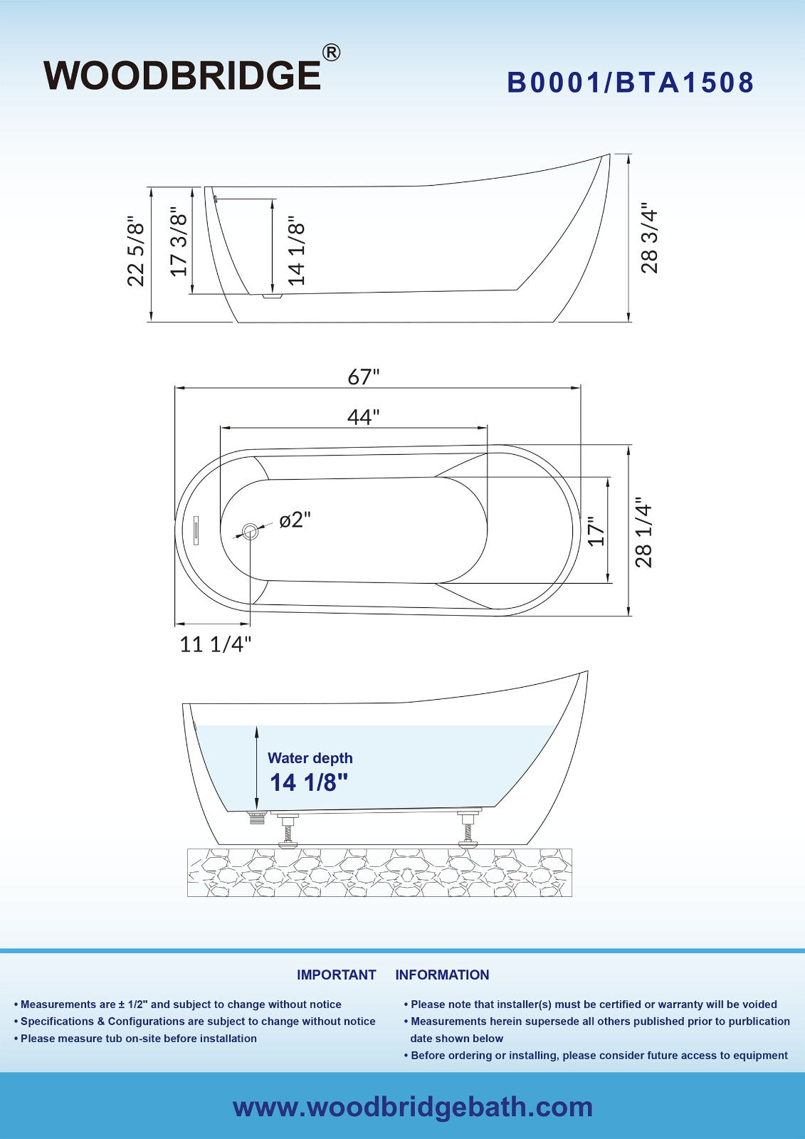 WOODBRIDGE 67" Acrylic Freestanding Bathtub Contemporary Soaking Tub with Drain & Overflow, B0001