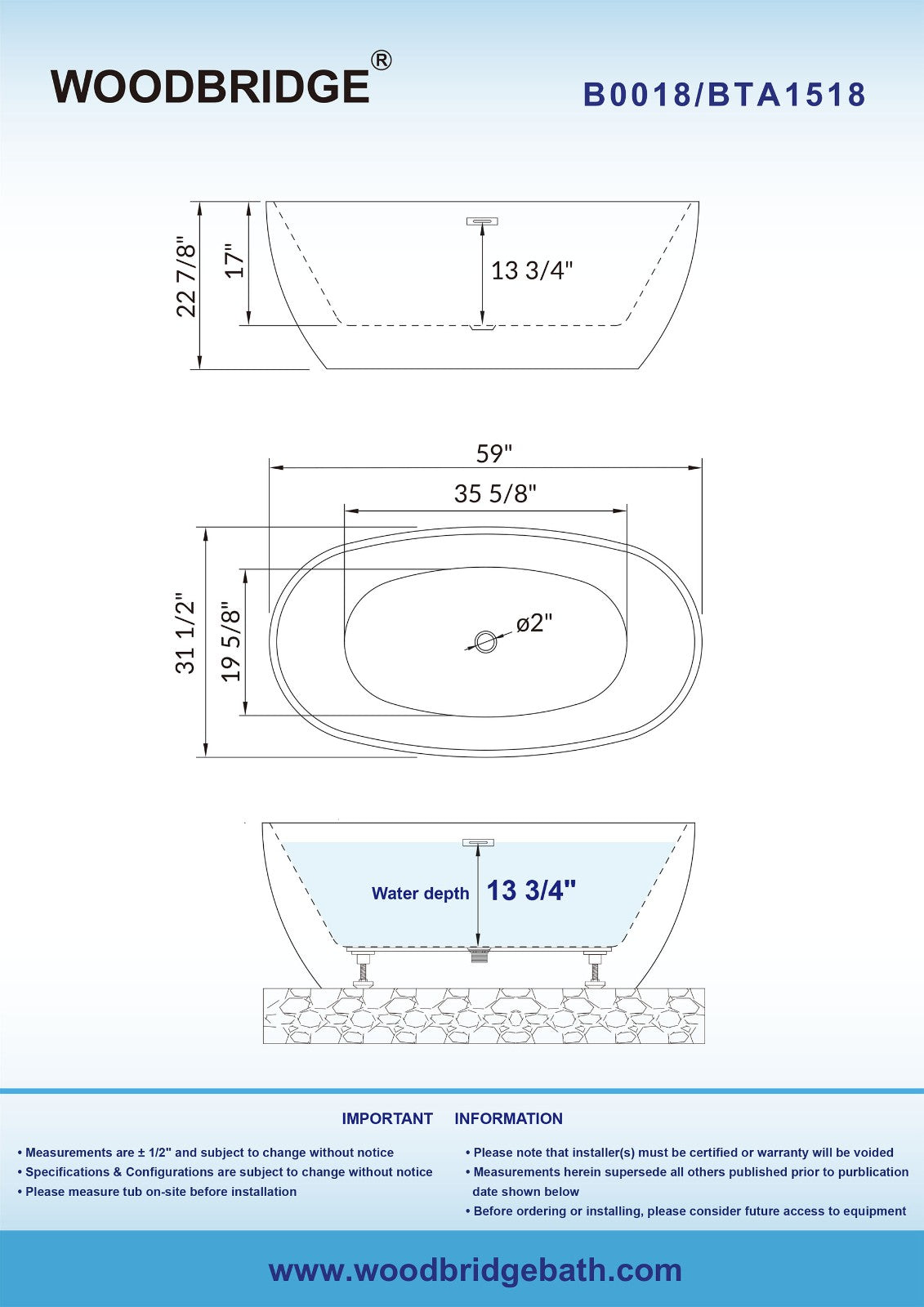 WOODBRIDGE 59" Freestanding Acrylic Soaking Tub with Drain & Overflow – B0018