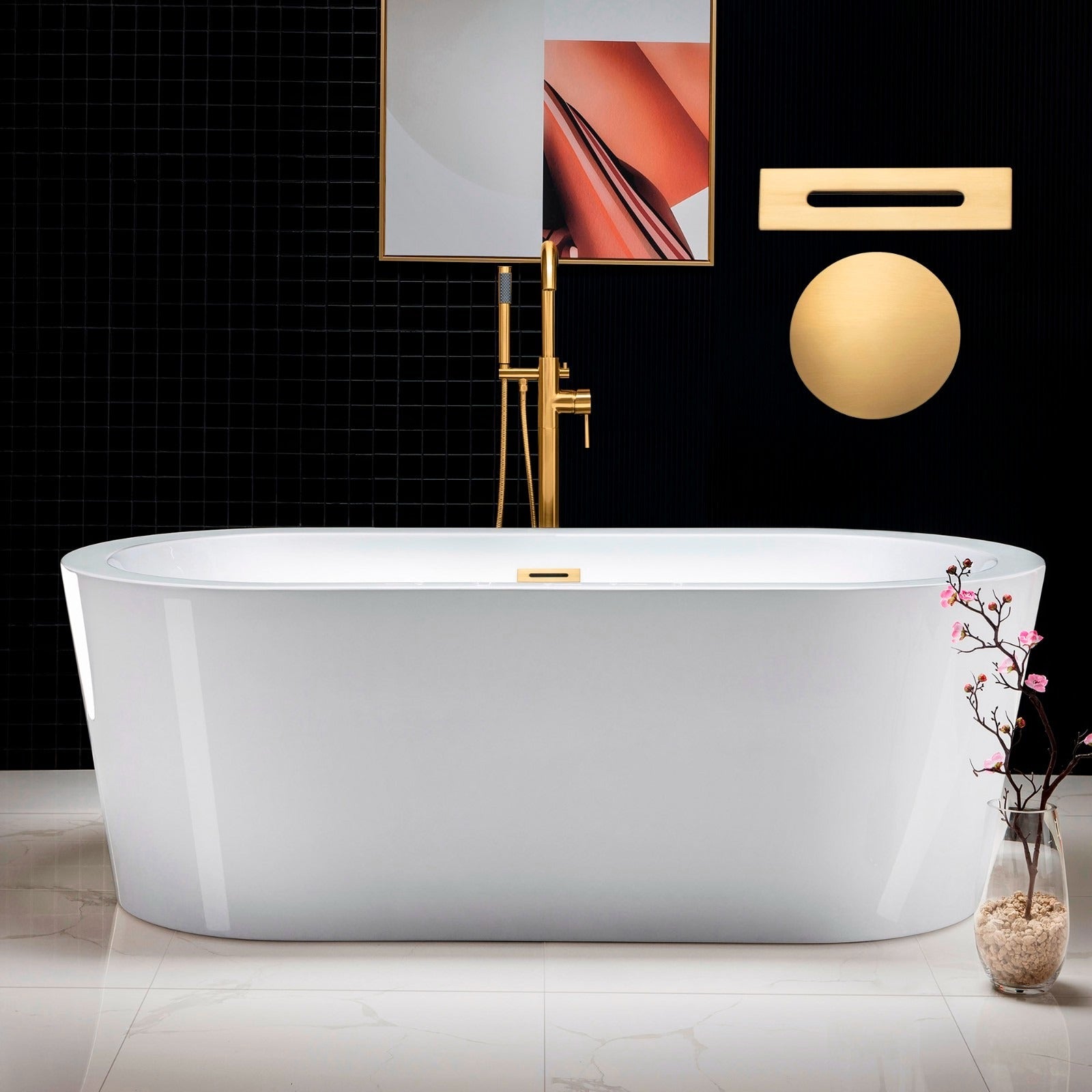 WOODBRIDGE 66" Acrylic Freestanding Bathtub Contemporary Soaking Tub with with Drain & Overflow, B0002