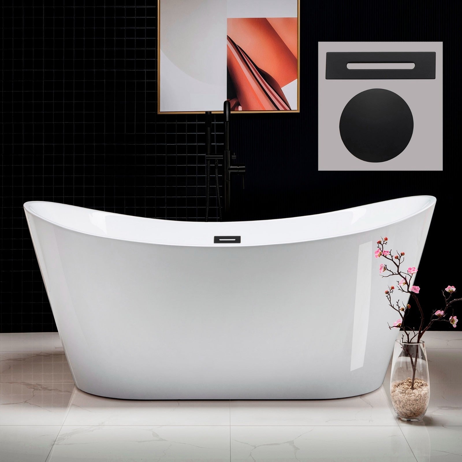 WOODBRIDGE 67" Acrylic Freestanding Bathtub Contemporary Soaking Tub with Drain & Overflow, B0010