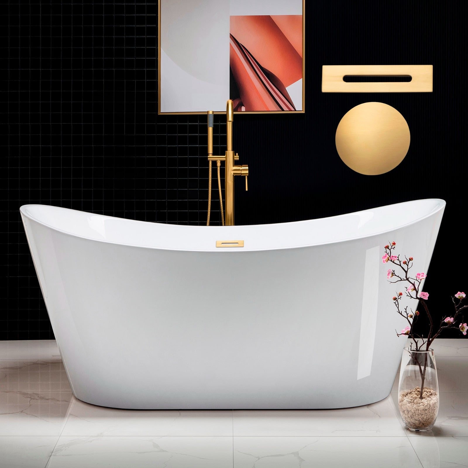 WOODBRIDGE 67" Acrylic Freestanding Bathtub Contemporary Soaking Tub with Drain & Overflow, B0010