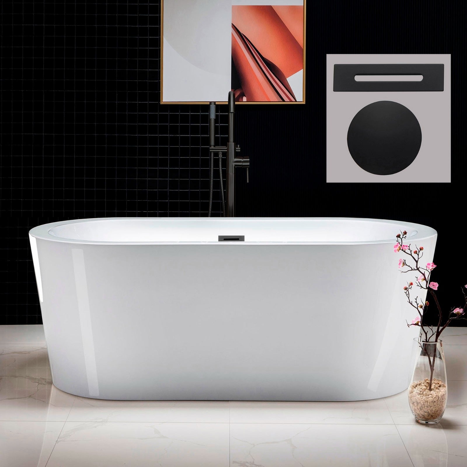 WOODBRIDGE 59" Acrylic Freestanding Bathtub Contemporary Soaking Tub with with Drain & Overflow, B0012