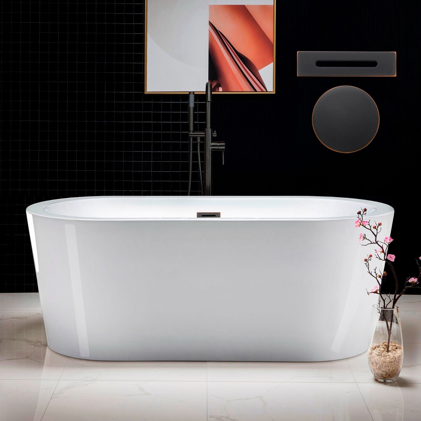 WOODBRIDGE 59" Acrylic Freestanding Bathtub Contemporary Soaking Tub with with Drain & Overflow, B0012