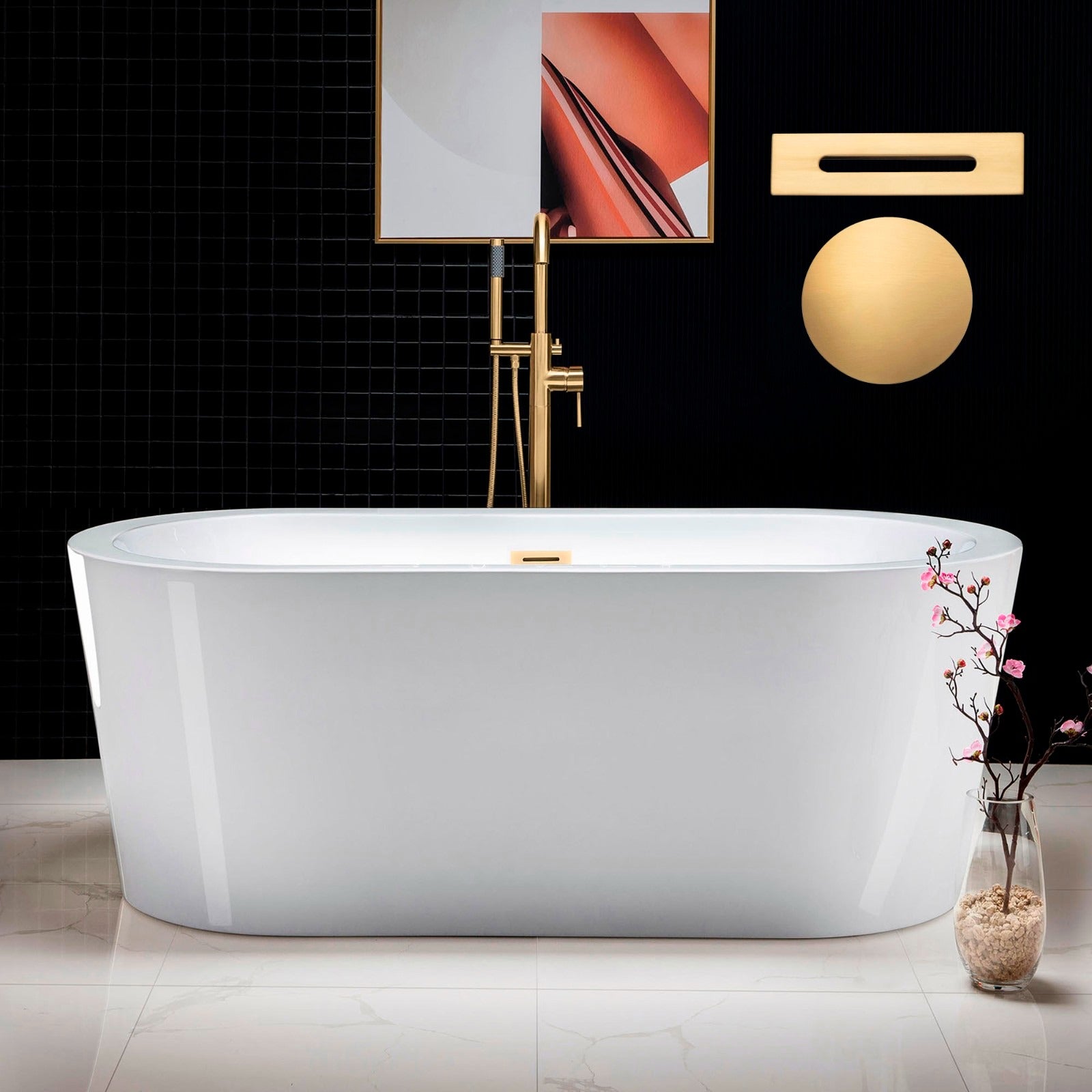 WOODBRIDGE 59" Acrylic Freestanding Bathtub Contemporary Soaking Tub with with Drain & Overflow, B0012