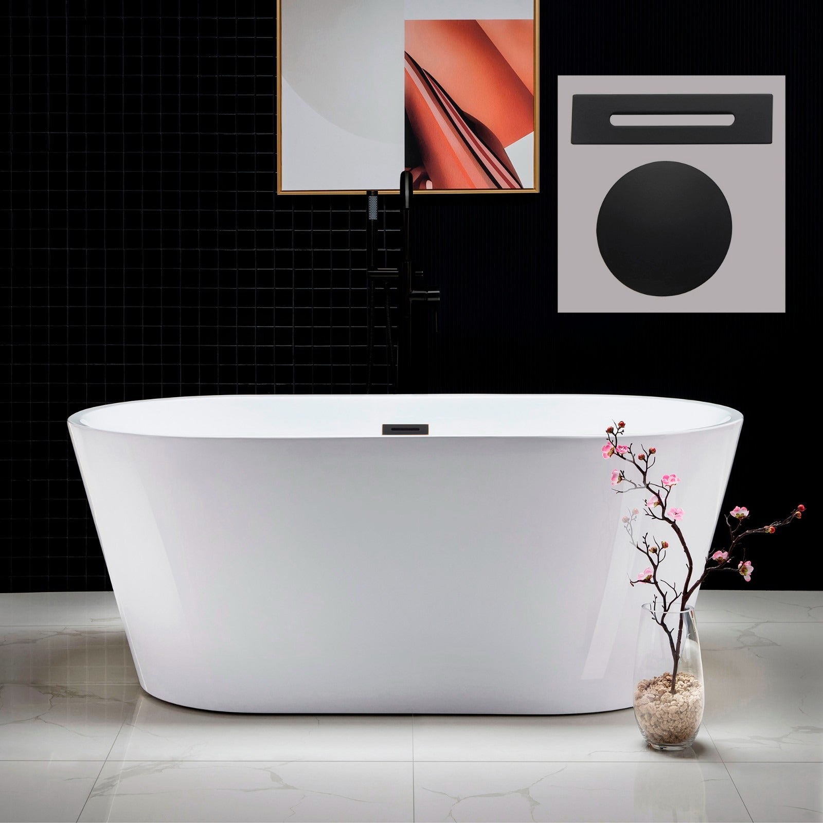 WOODBRIDGE 59" Acrylic Freestanding Bathtub Contemporary Soaking Tub with Drain & Overflow, B0014