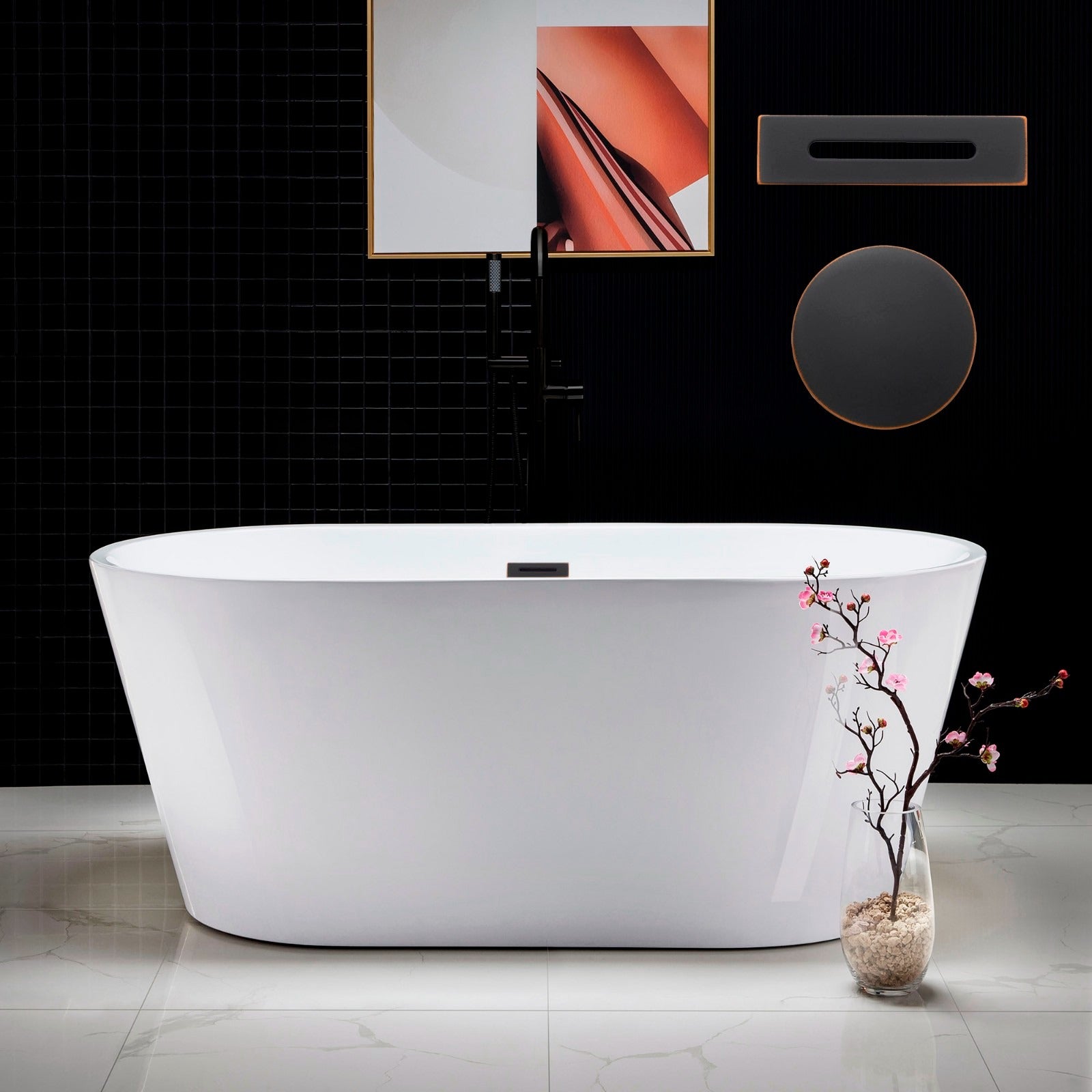 WOODBRIDGE 59" Acrylic Freestanding Bathtub Contemporary Soaking Tub with Drain & Overflow, B0014