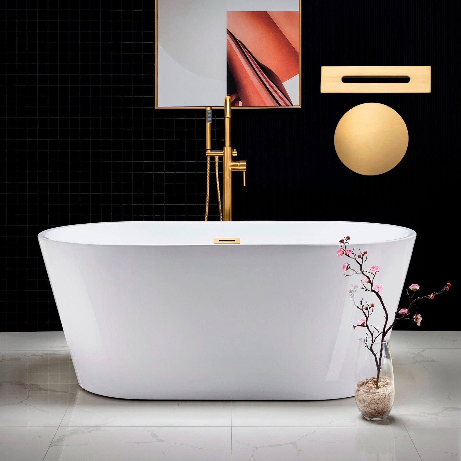 WOODBRIDGE 59" Acrylic Freestanding Bathtub Contemporary Soaking Tub with Drain & Overflow, B0014