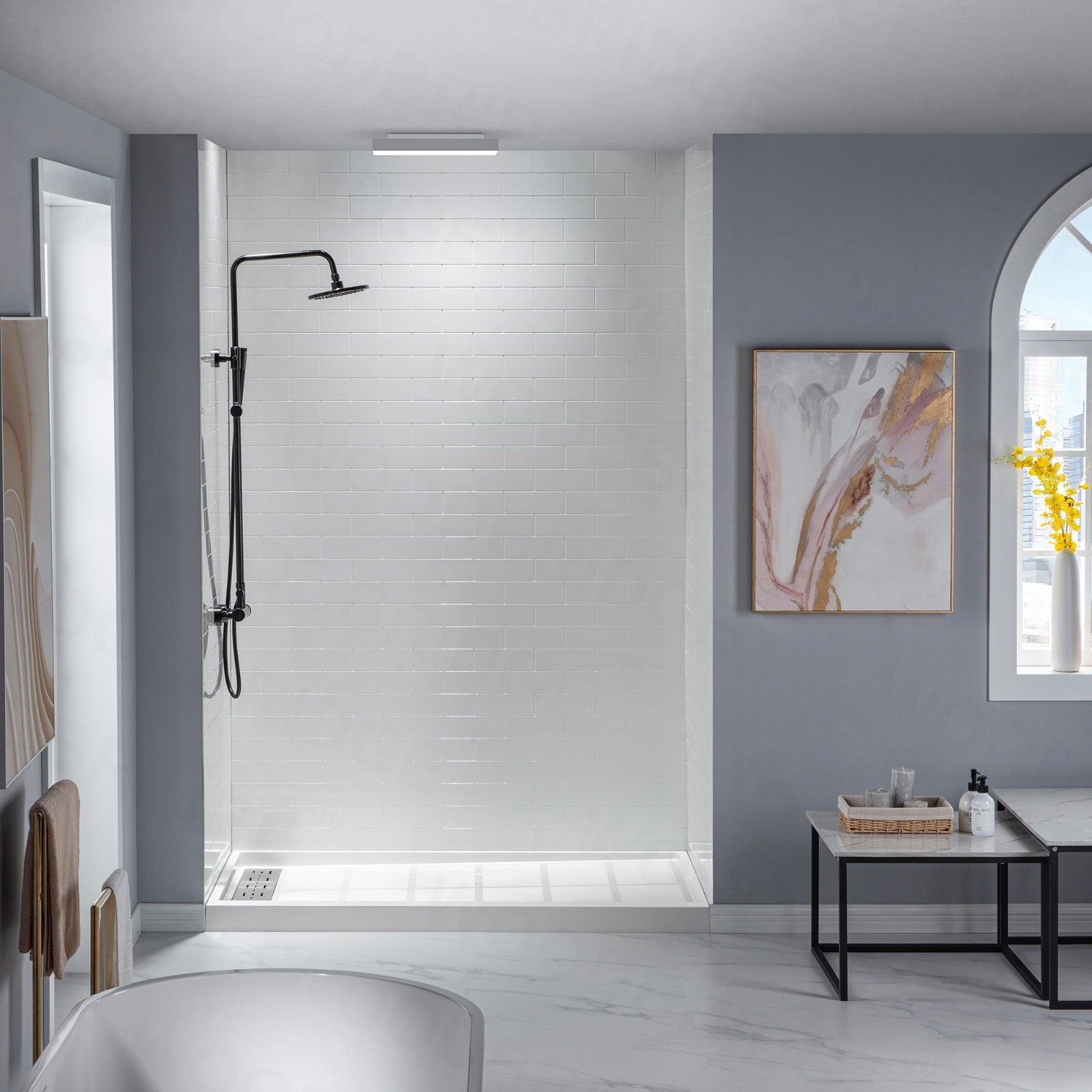WOODBRIDGE Solid Surface 60" W Tile Tub and Shower Wall Panel Surround, Quick Install, Cuttable, Staggered Brick Pattern, High Gloss White Finish