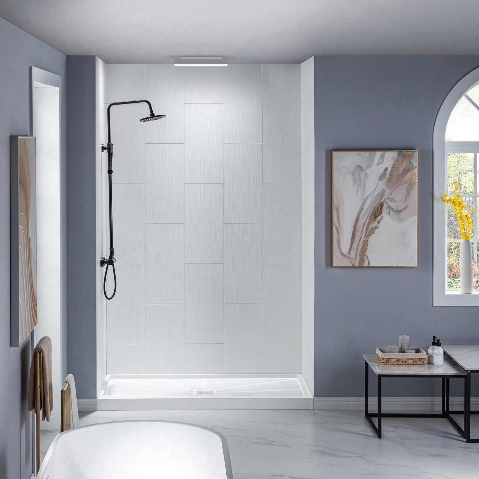 WOODBRIDGE Solid Surface 60" W Tile Tub and Shower Wall Panel Surround, Quick Install, Cuttable, Stacked Block in a Staggered Vertical Pattern. Matte White Finish