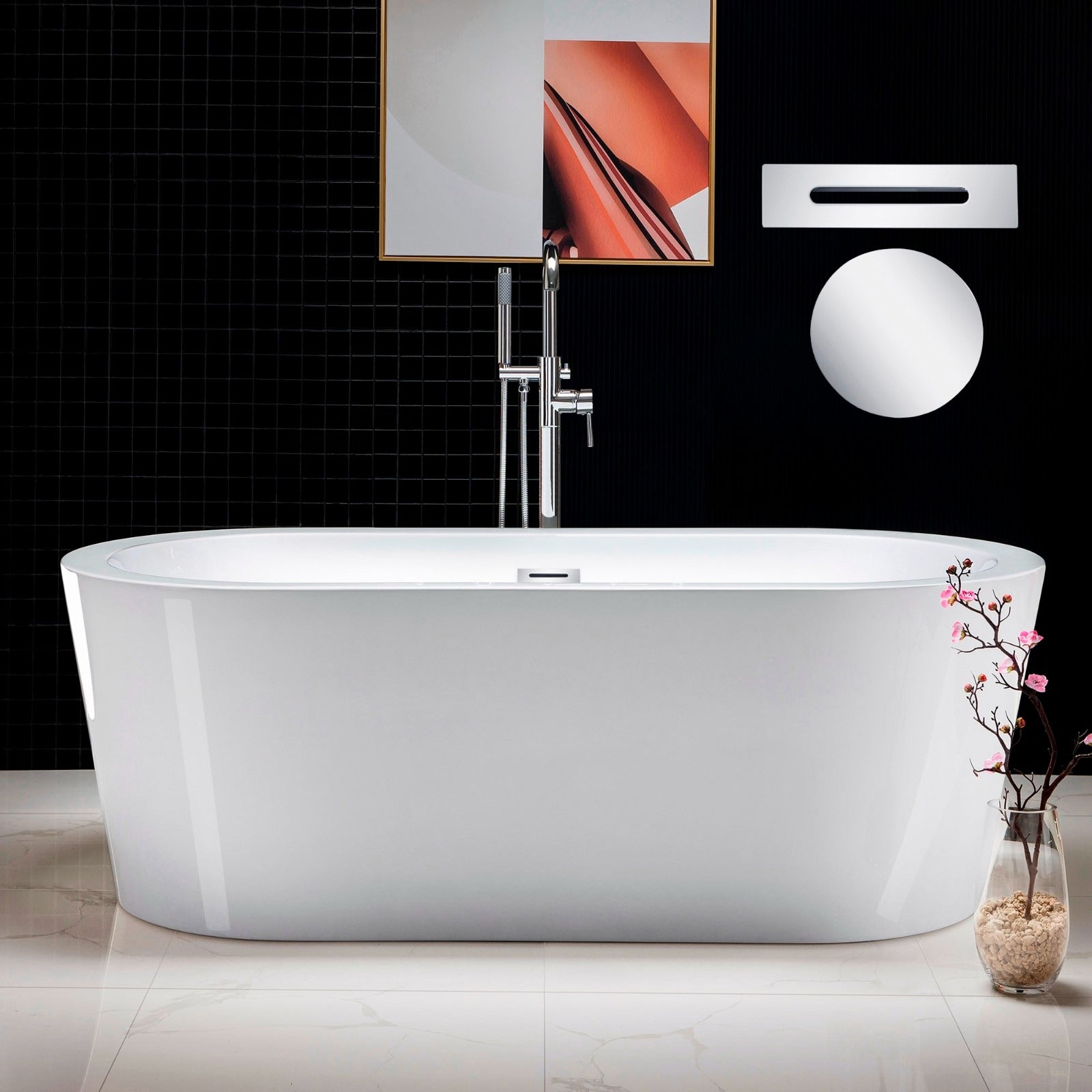 WOODBRIDGE 66" Acrylic Freestanding Bathtub Contemporary Soaking Tub with with Drain & Overflow, B0002
