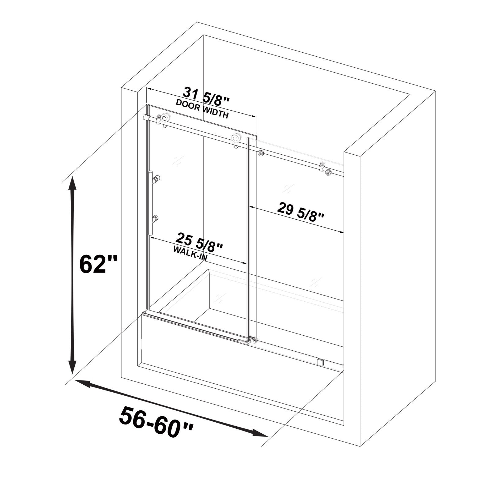 WOODBRIDGE Frameless Bathtub Shower Doors 56-60" Width x 62"Height with 3/8"(10mm) Clear Tempered Glass, MBSDC6062