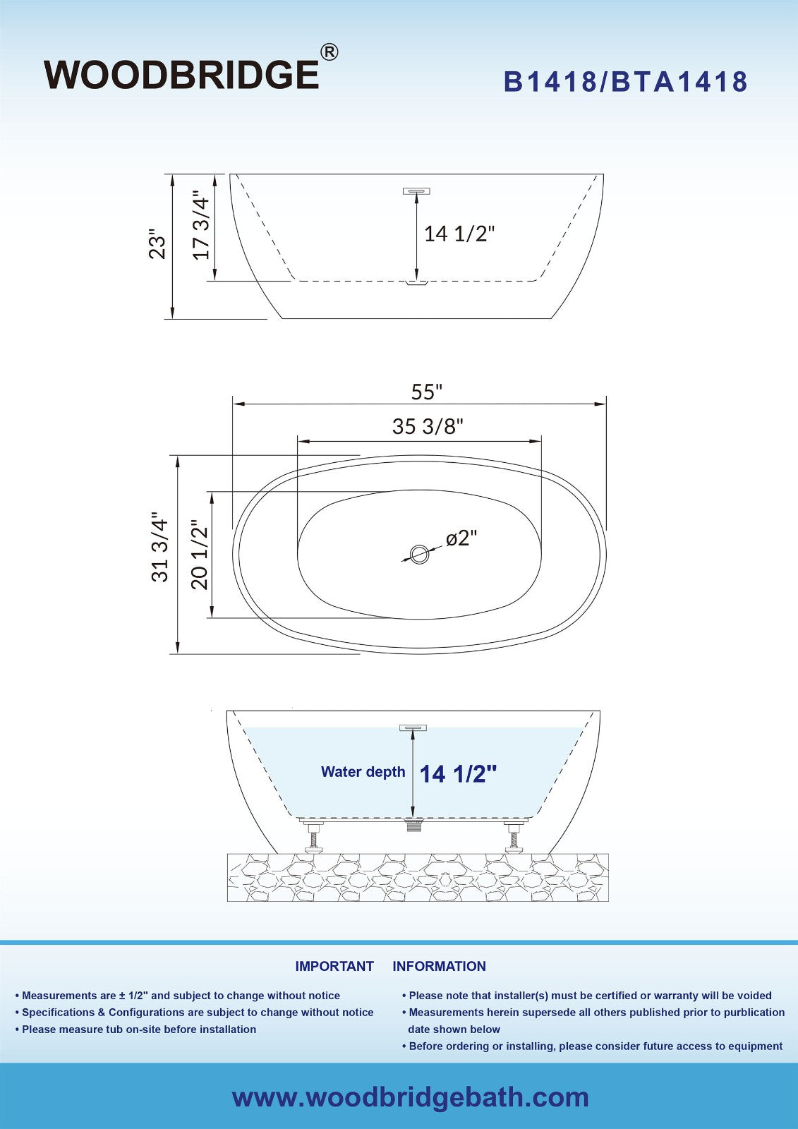 WOODBRIDGE 55" Acrylic Freestanding Bathtub Contemporary Soaking Tub with Drain & Overflow, B1418