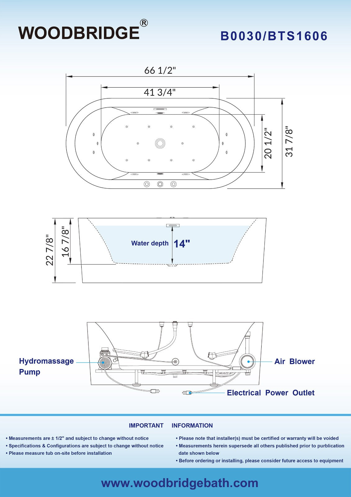 WOODBRIDGE 67" x 32" Whirlpool Water Jetted and Air Bubble Freestanding Bathtub