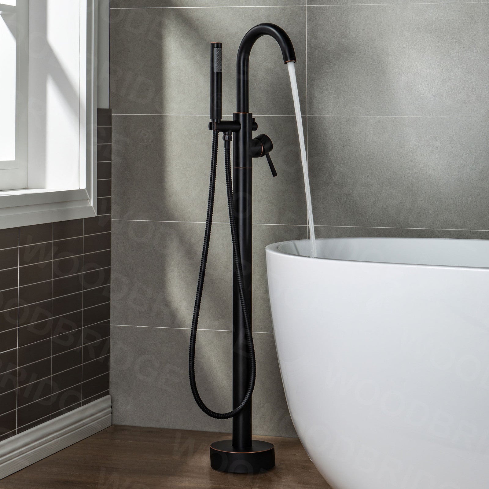 WOODBRIDGE F0001BNRD Contemporary Single Handle Floor Mount Freestanding Tub Filler Faucet with Hand shower