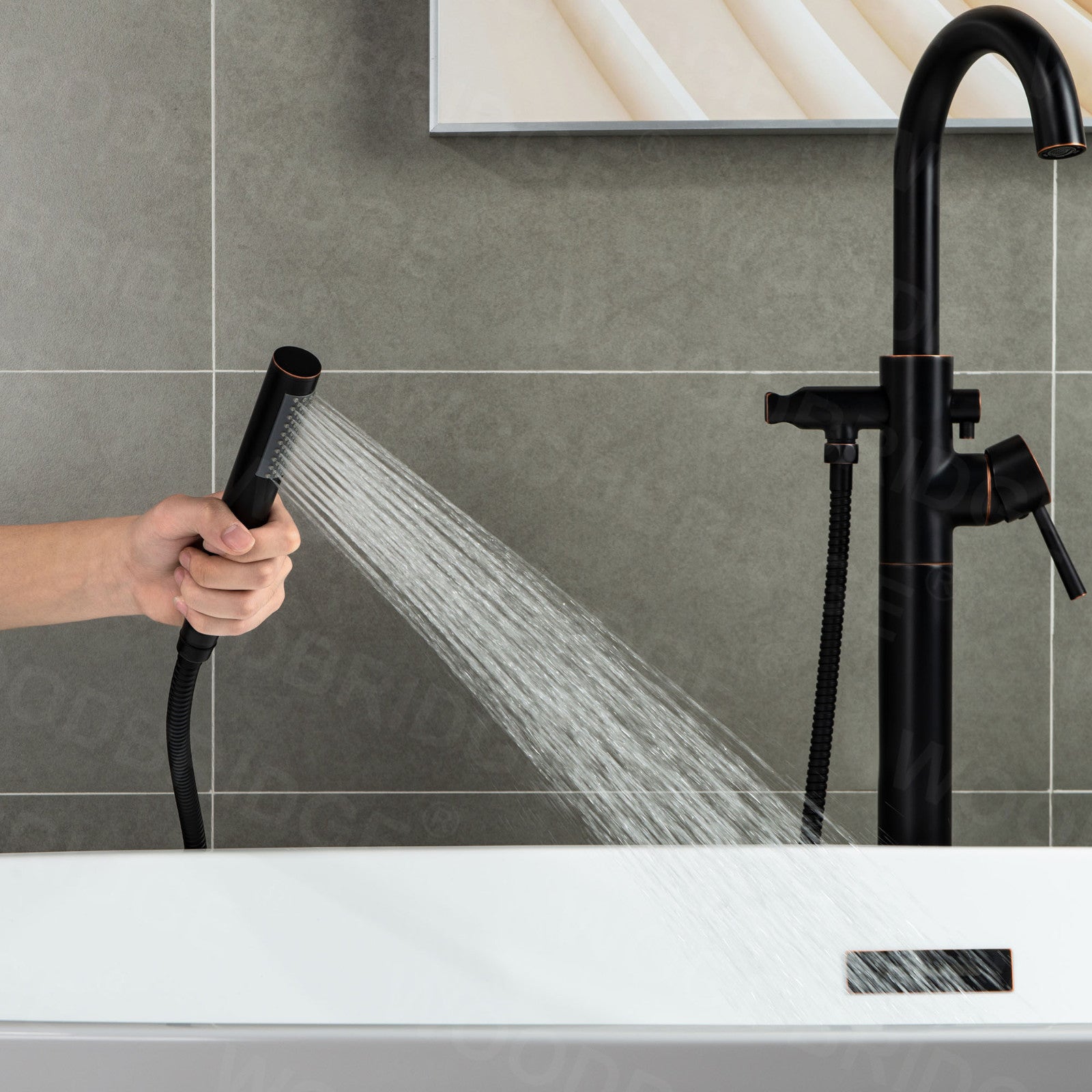WOODBRIDGE F0001BNRD Contemporary Single Handle Floor Mount Freestanding Tub Filler Faucet with Hand shower