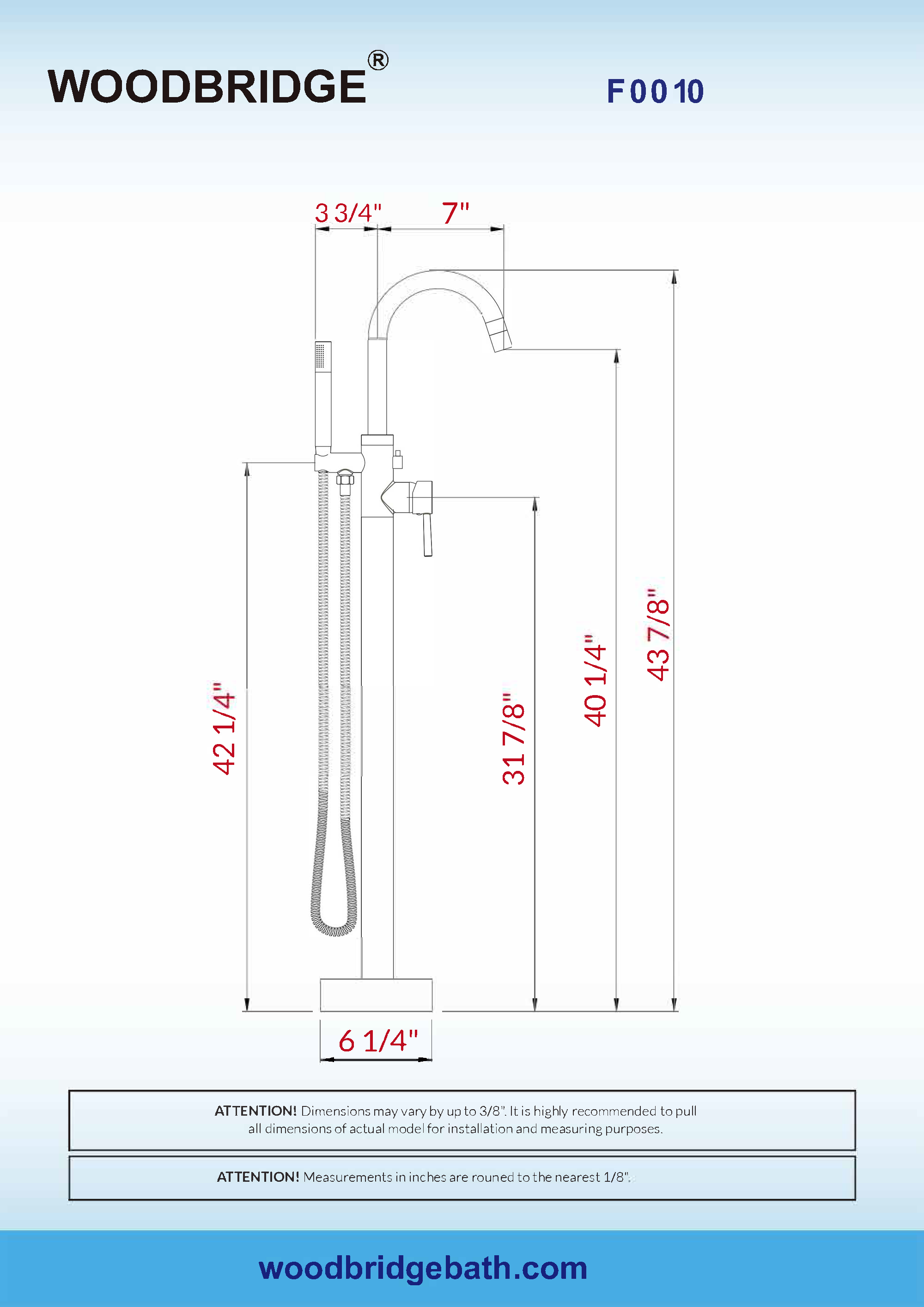WOODBRIDGE F0001BNRD Contemporary Single Handle Floor Mount Freestanding Tub Filler Faucet with Hand shower