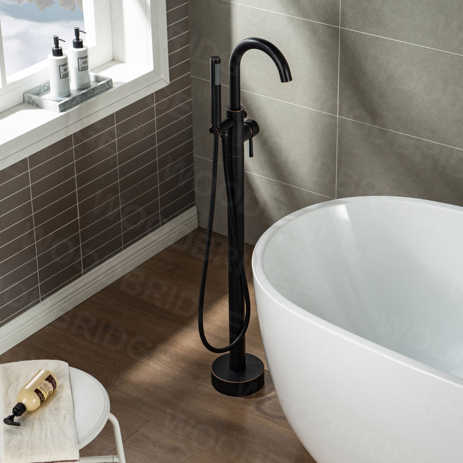 WOODBRIDGE F0001BNRD Contemporary Single Handle Floor Mount Freestanding Tub Filler Faucet with Hand shower