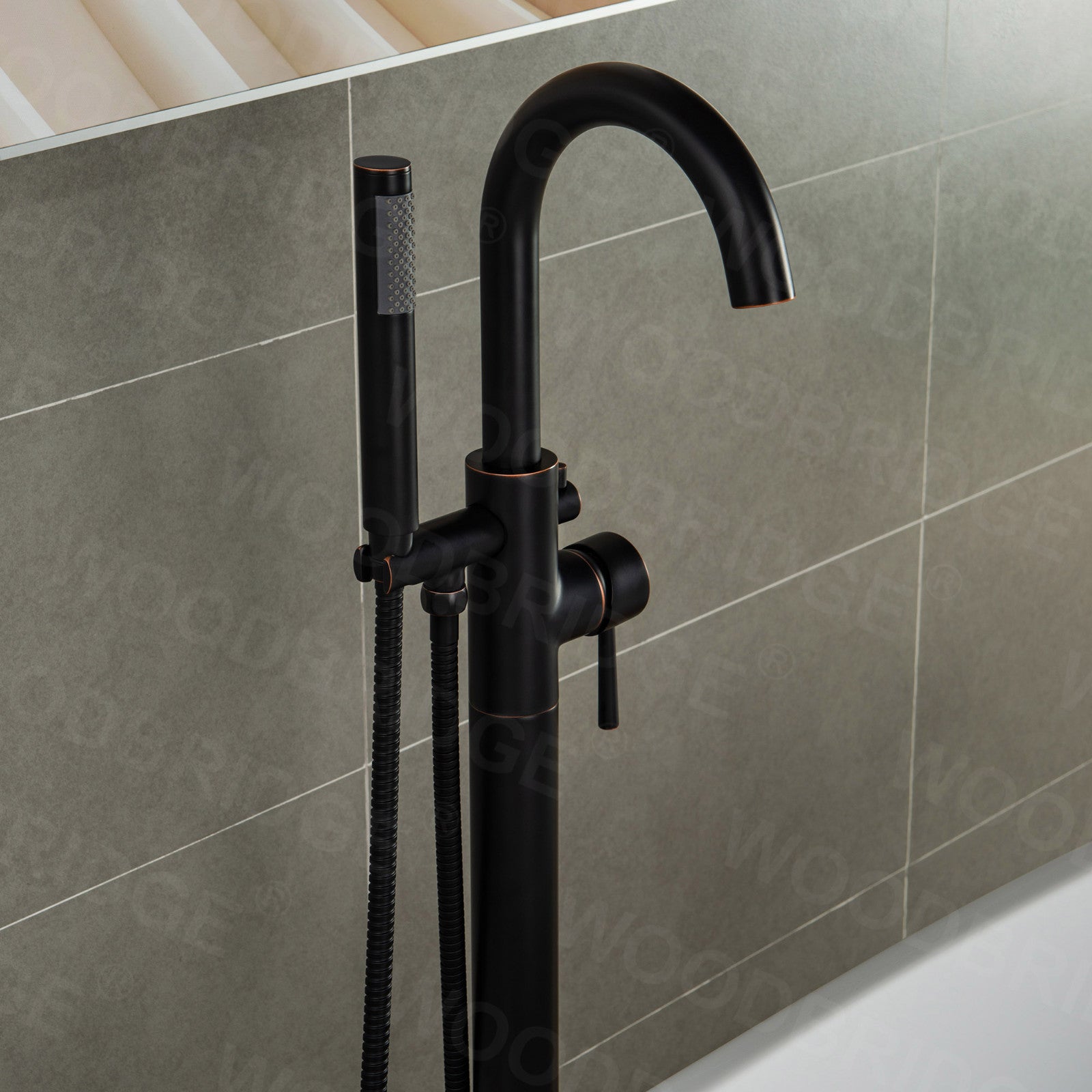 WOODBRIDGE F0001BNRD Contemporary Single Handle Floor Mount Freestanding Tub Filler Faucet with Hand shower