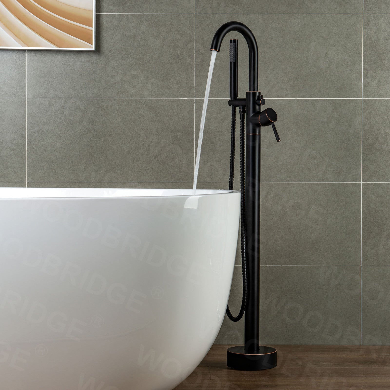WOODBRIDGE F0001BNRD Contemporary Single Handle Floor Mount Freestanding Tub Filler Faucet with Hand shower