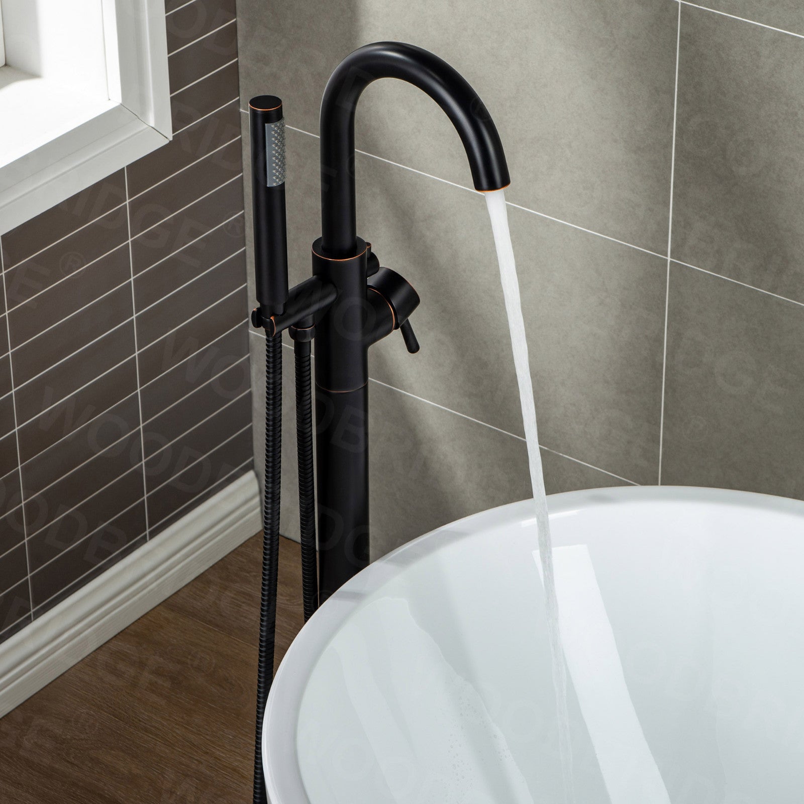 WOODBRIDGE F0001BNRD Contemporary Single Handle Floor Mount Freestanding Tub Filler Faucet with Hand shower