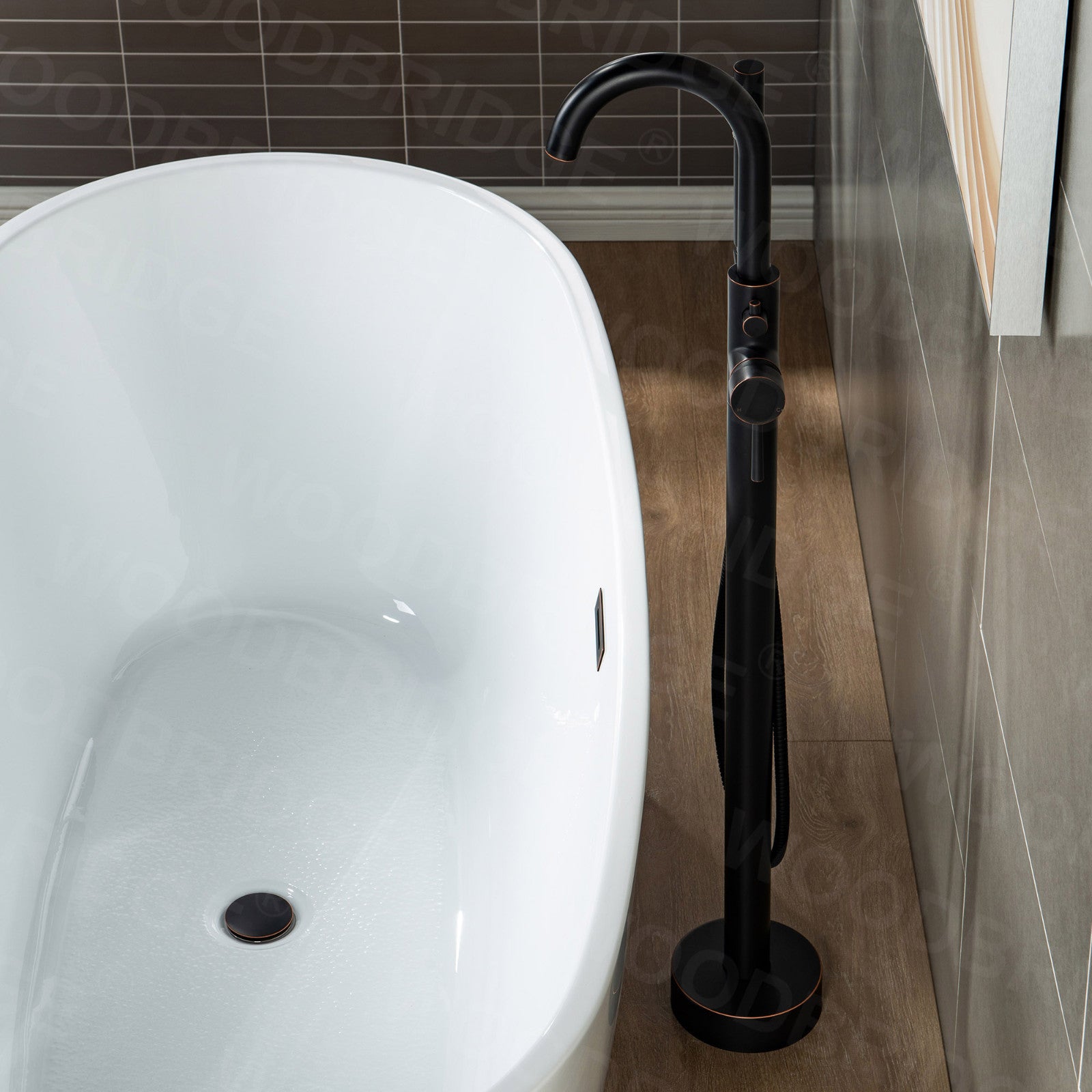 WOODBRIDGE F0001BNRD Contemporary Single Handle Floor Mount Freestanding Tub Filler Faucet with Hand shower