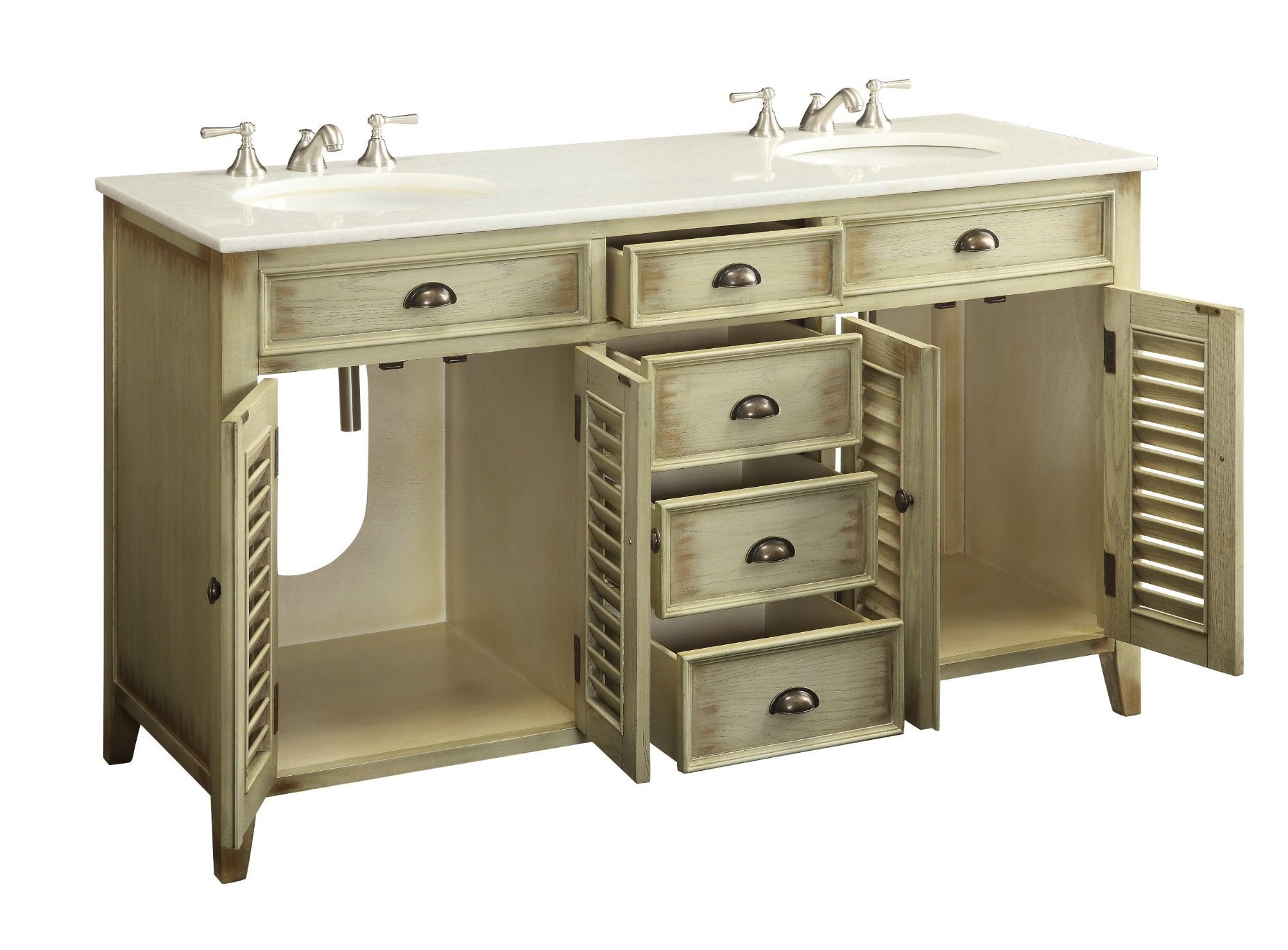 Chans Furniture CF88324-60W 60" Abbeville Distressed Beige Double Sink Vanity - Benton Collection