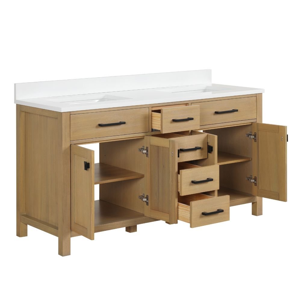 Chans Furniture VH-6608WD-60D 60 Inch Aged Oak Finish Rella Double Sink Bathroom Vanity With White Quartz Top