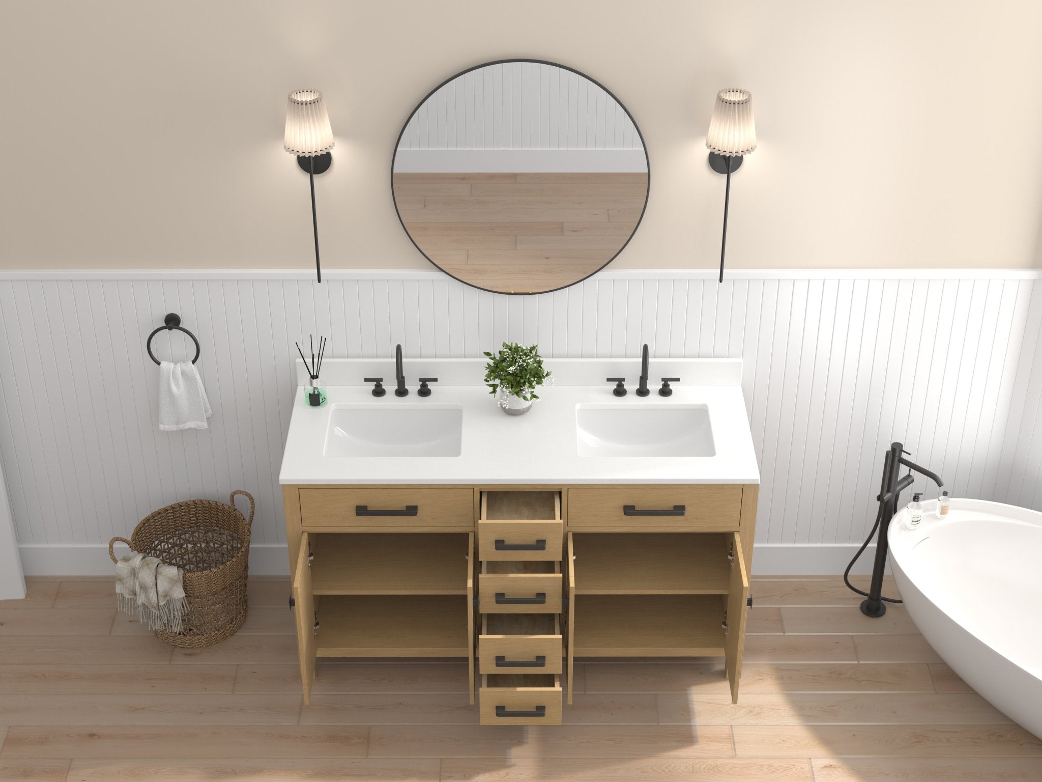 Chans Furniture VH-6608WD-60D 60 Inch Aged Oak Finish Rella Double Sink Bathroom Vanity With White Quartz Top
