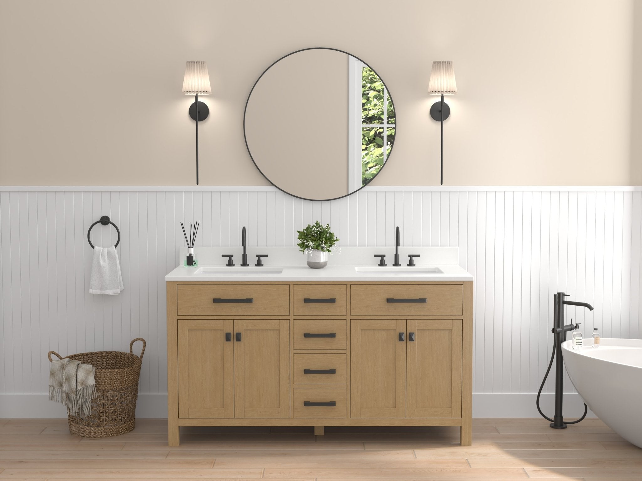 Chans Furniture VH-6608WD-60D 60 Inch Aged Oak Finish Rella Double Sink Bathroom Vanity With White Quartz Top