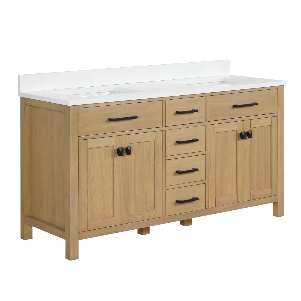 Chans Furniture VH-6608WD-60D 60 Inch Aged Oak Finish Rella Double Sink Bathroom Vanity With White Quartz Top