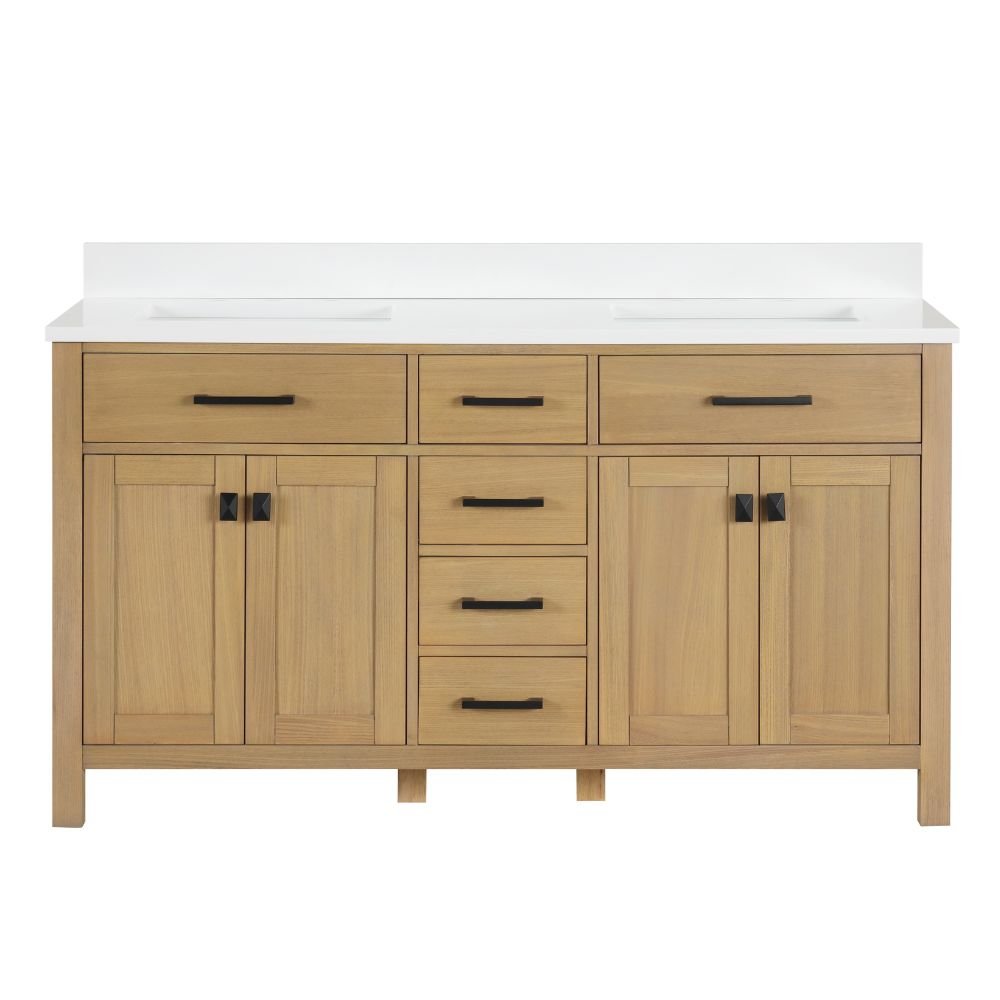 Chans Furniture VH-6608WD-60D 60 Inch Aged Oak Finish Rella Double Sink Bathroom Vanity With White Quartz Top
