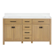 Chans Furniture VH-6608WD-60D 60 Inch Aged Oak Finish Rella Double Sink Bathroom Vanity With White Quartz Top