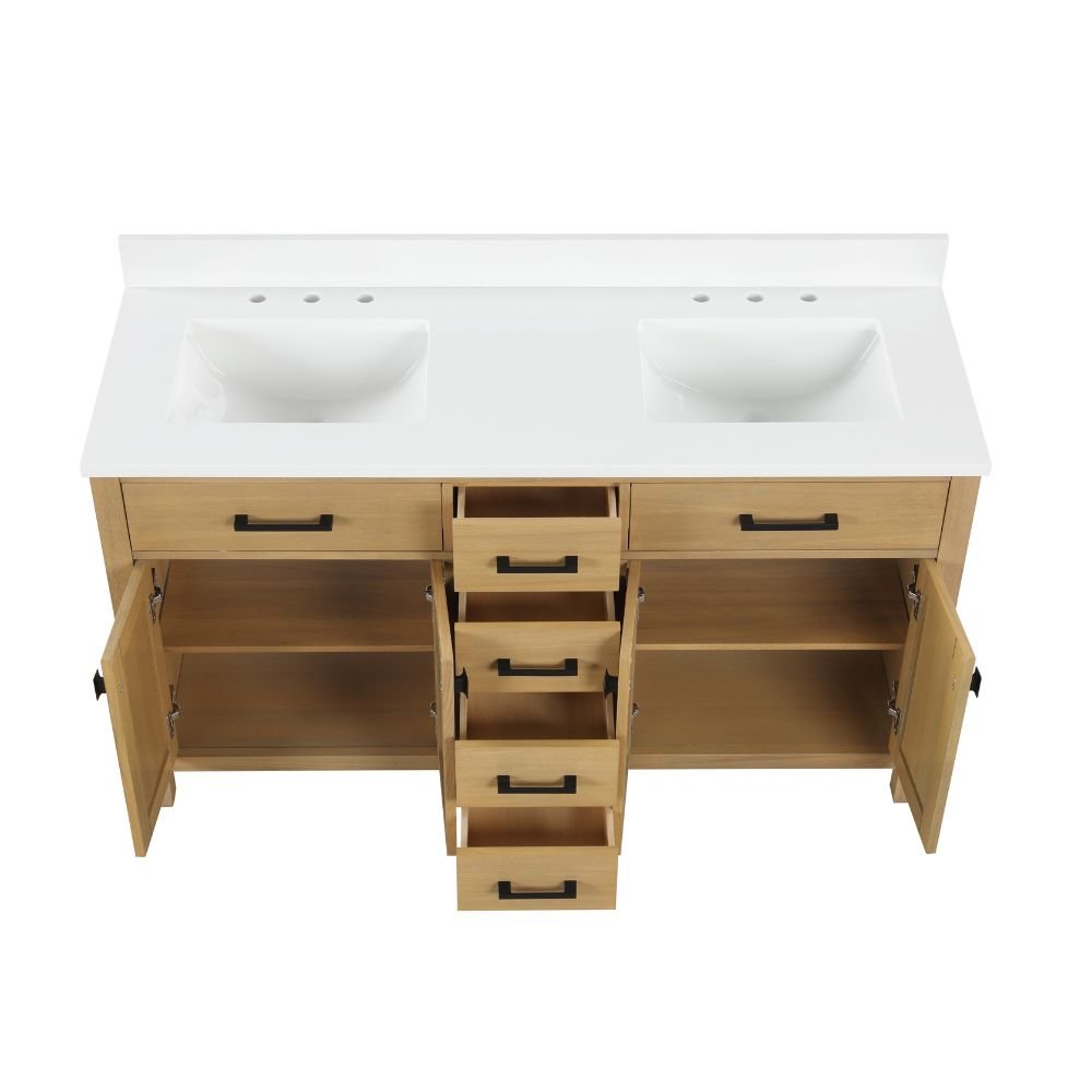 Chans Furniture VH-6608WD-60D 60 Inch Aged Oak Finish Rella Double Sink Bathroom Vanity With White Quartz Top