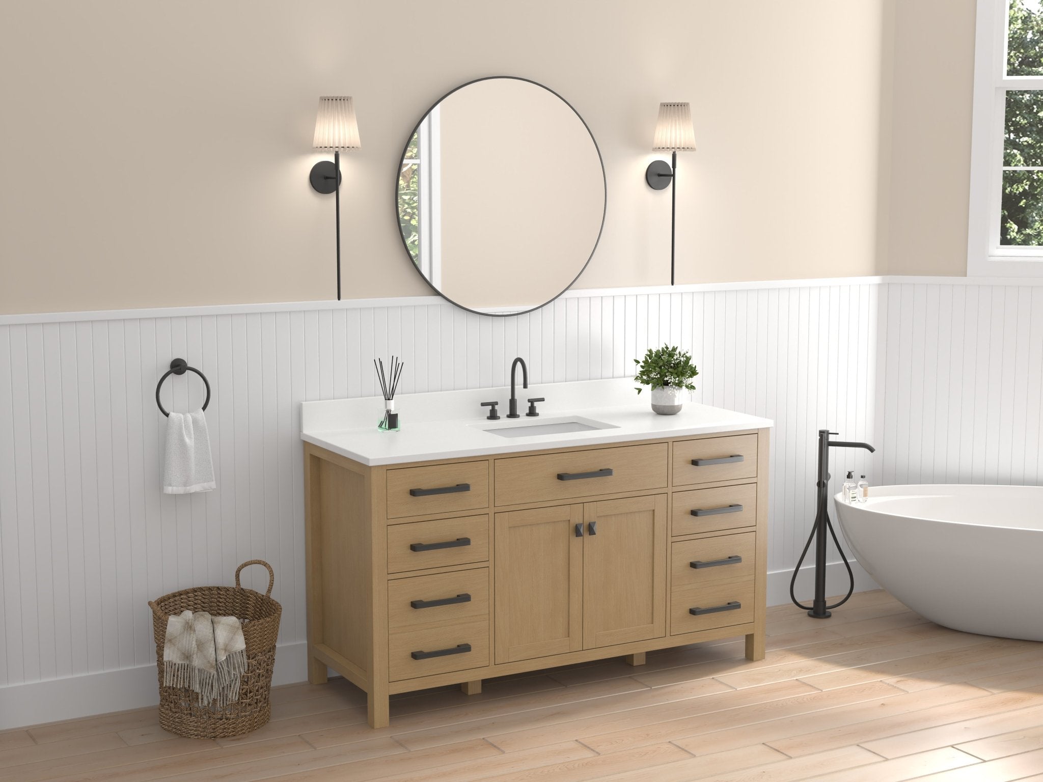 Chans Furniture VH-6608Wood-60S 60 Inch Aged Oak Finish Rella Single Sink Bathroom Vanity With White Quartz Top