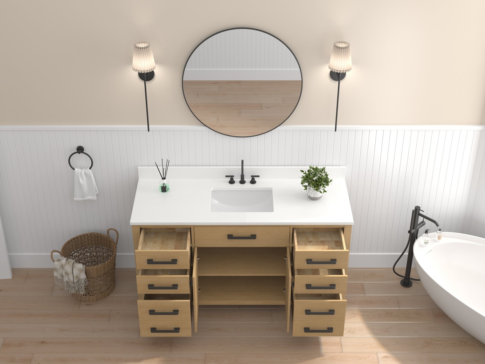 Chans Furniture VH-6608Wood-60S 60 Inch Aged Oak Finish Rella Single Sink Bathroom Vanity With White Quartz Top