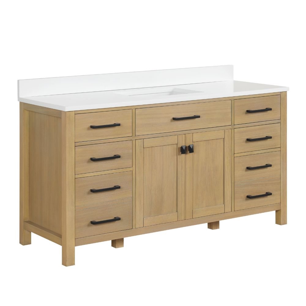 Chans Furniture VH-6608Wood-60S 60 Inch Aged Oak Finish Rella Single Sink Bathroom Vanity With White Quartz Top