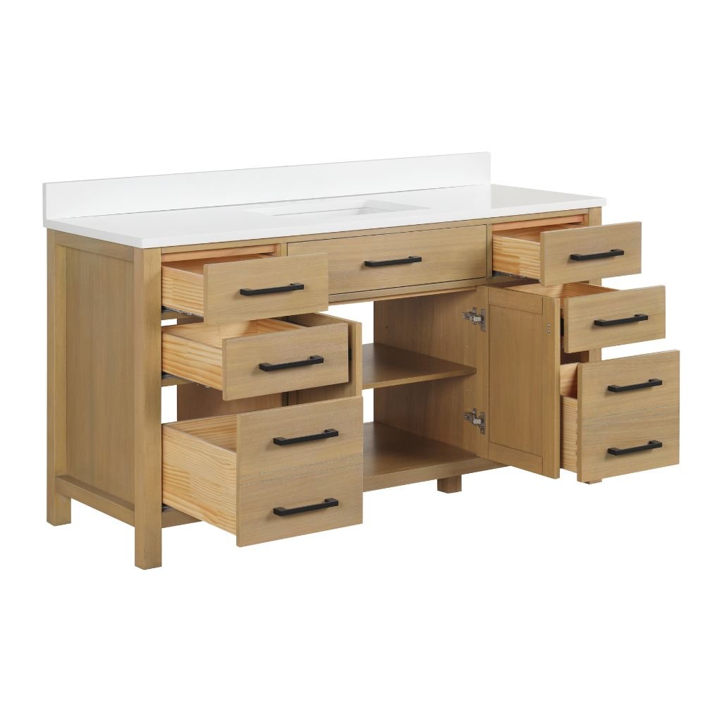 Chans Furniture VH-6608Wood-60S 60 Inch Aged Oak Finish Rella Single Sink Bathroom Vanity With White Quartz Top