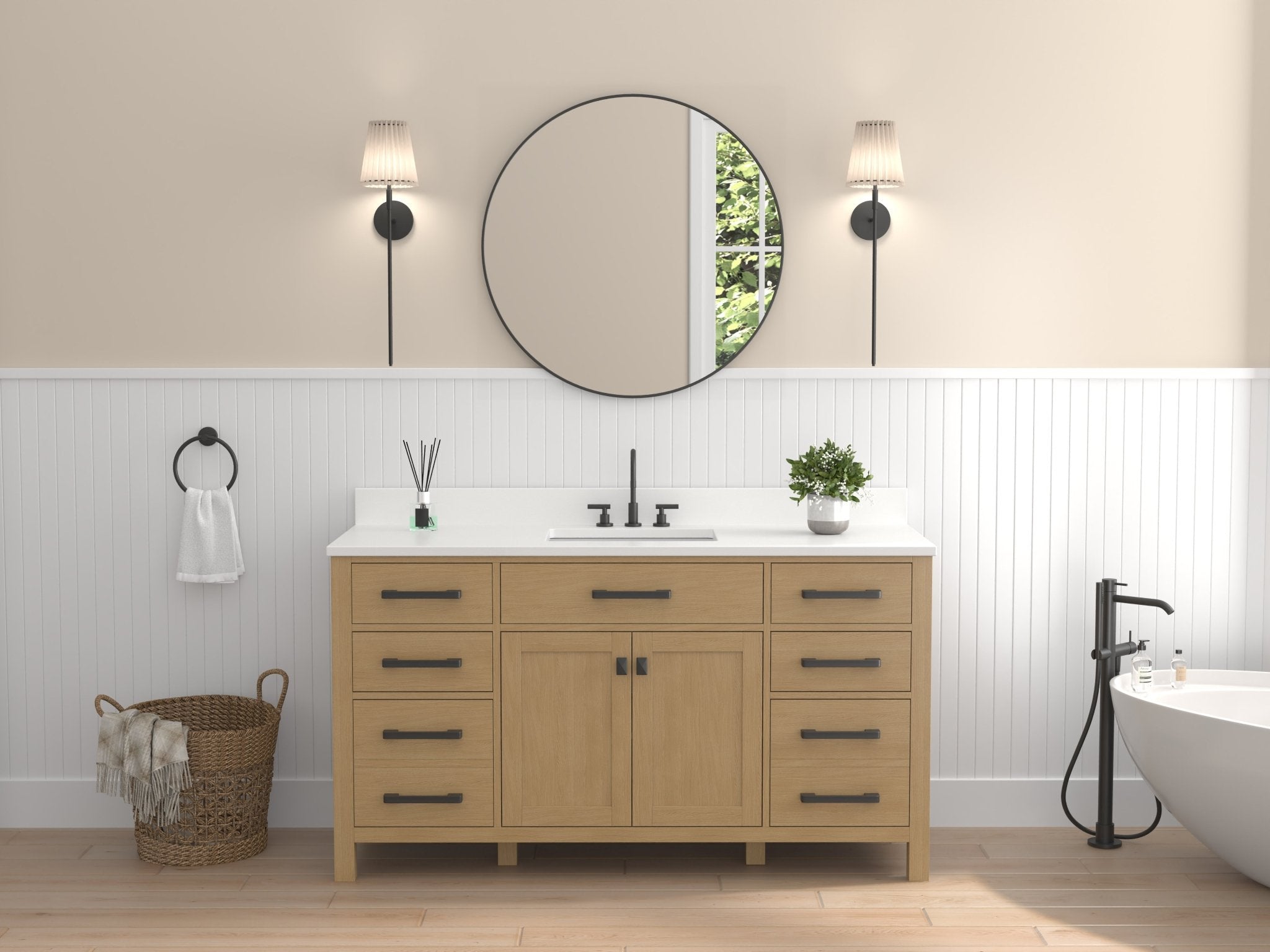 Chans Furniture VH-6608Wood-60S 60 Inch Aged Oak Finish Rella Single Sink Bathroom Vanity With White Quartz Top