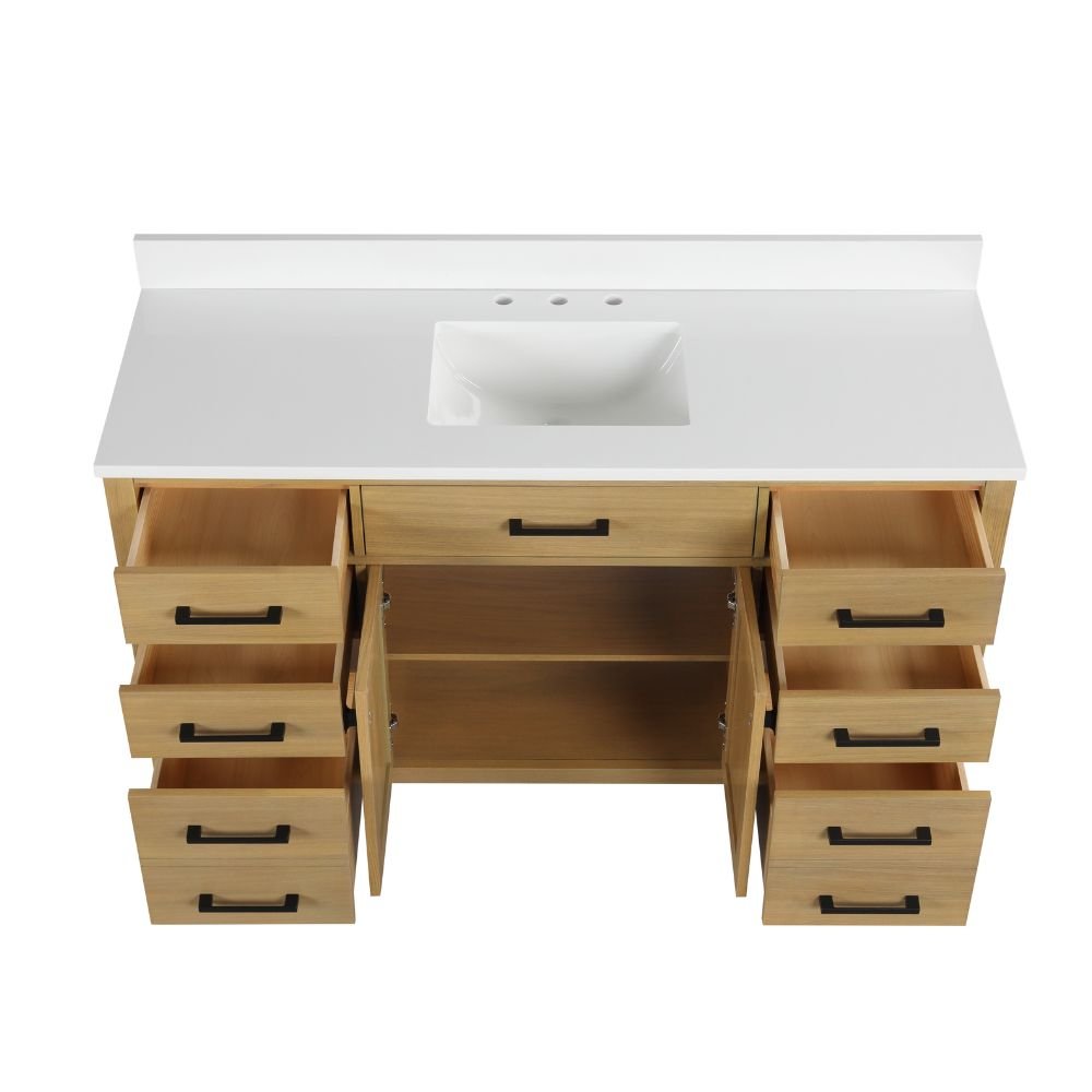 Chans Furniture VH-6608Wood-60S 60 Inch Aged Oak Finish Rella Single Sink Bathroom Vanity With White Quartz Top