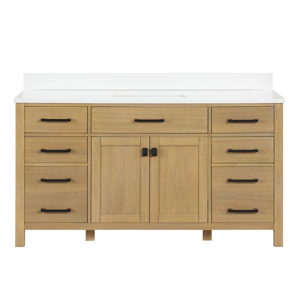 Chans Furniture VH-6608Wood-60S 60 Inch Aged Oak Finish Rella Single Sink Bathroom Vanity With White Quartz Top