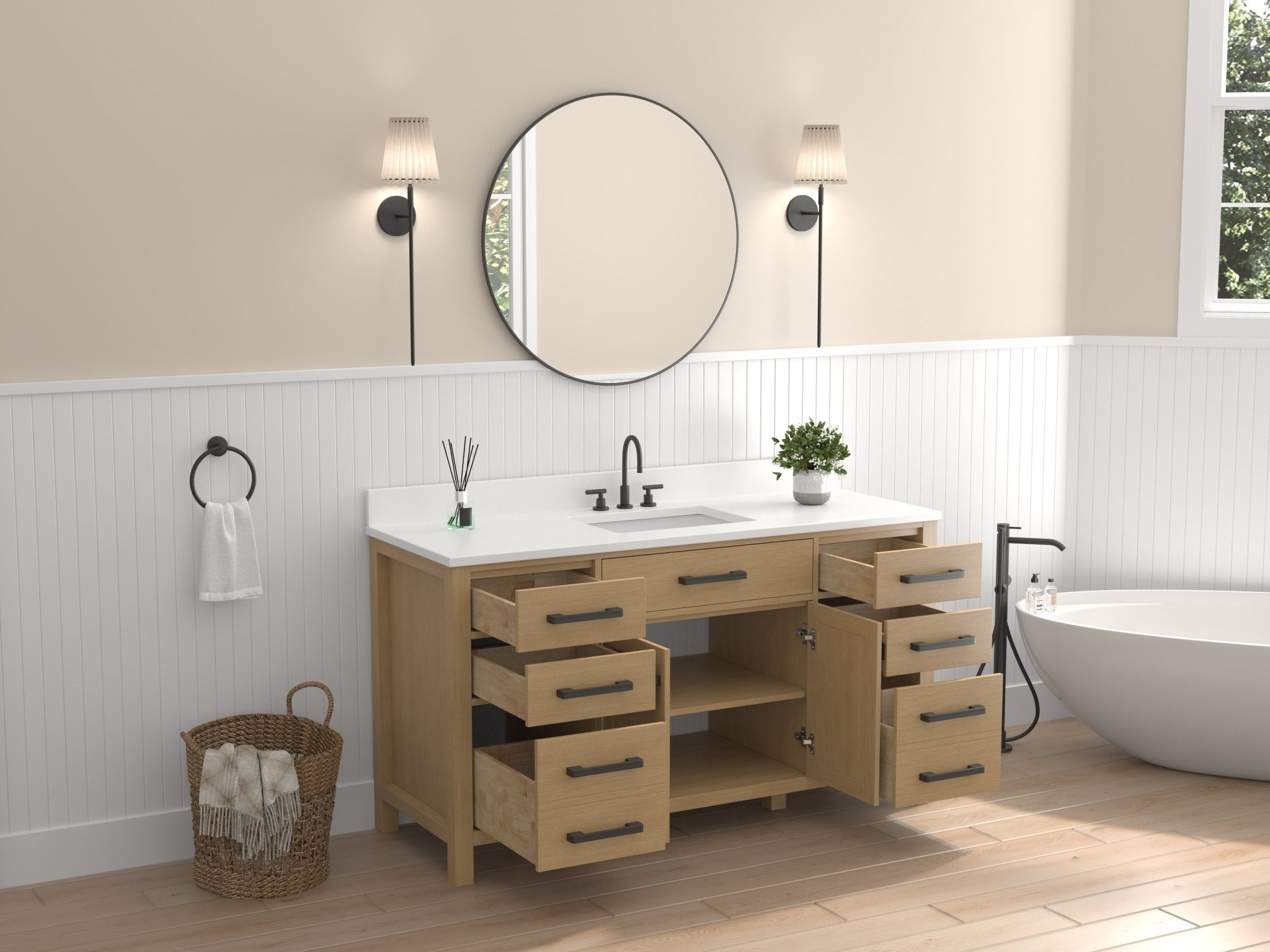Chans Furniture VH-6608Wood-60S 60 Inch Aged Oak Finish Rella Single Sink Bathroom Vanity With White Quartz Top