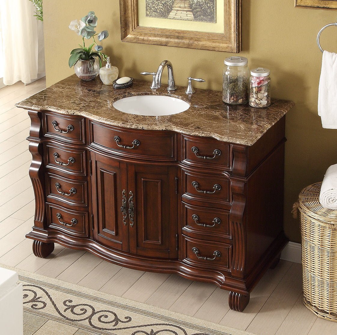 Chans Furniture GD-4437SB-60 60 inch Antique Style Cherry Wood Hopkinton Bathroom Sink Vanity With Baltic Brown Top